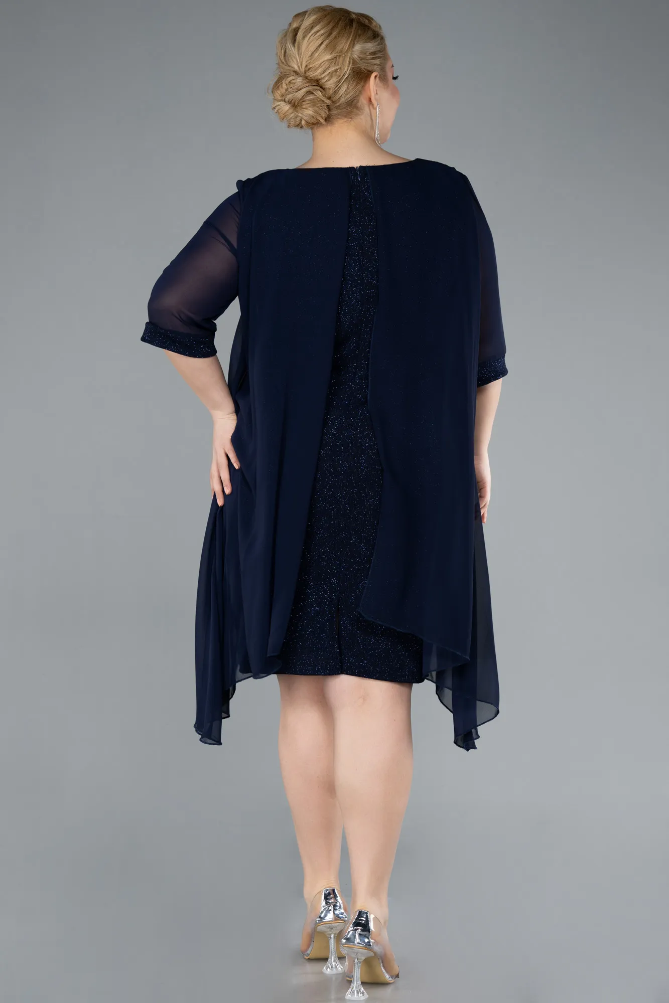 Navy Blue-Short Sleeve Midi Plus Size Evening Dress ABK2302
