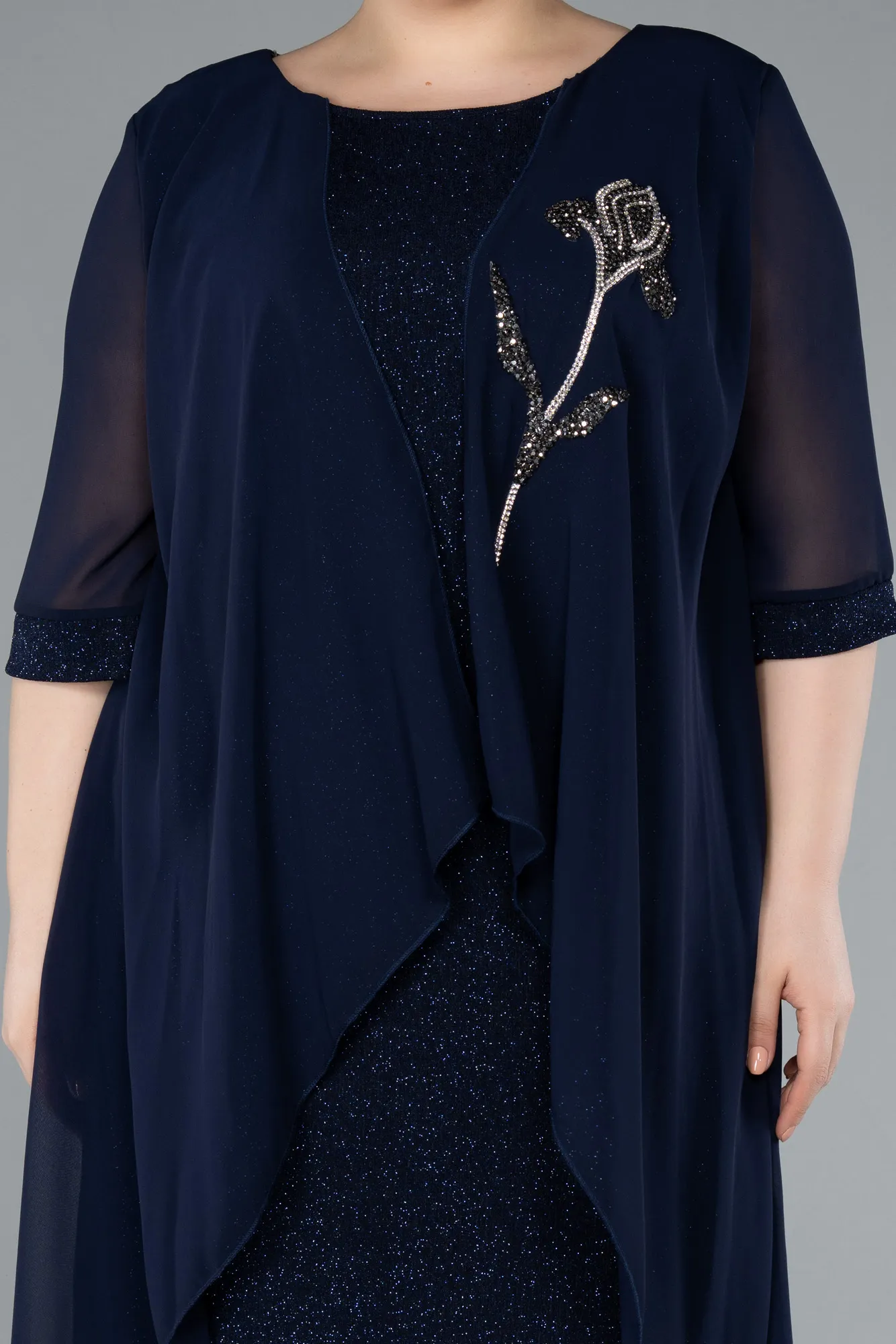 Navy Blue-Short Sleeve Midi Plus Size Evening Dress ABK2302