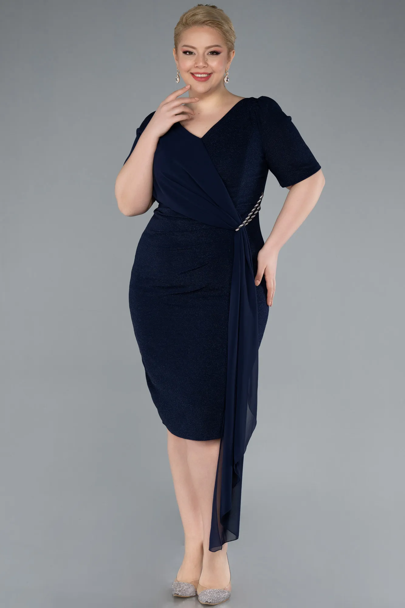 Navy Blue-Short Sleeve Midi Plus Size Evening Dress ABK2303