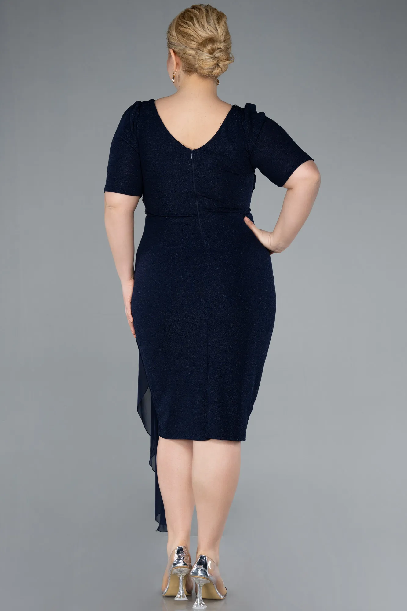 Navy Blue-Short Sleeve Midi Plus Size Evening Dress ABK2303