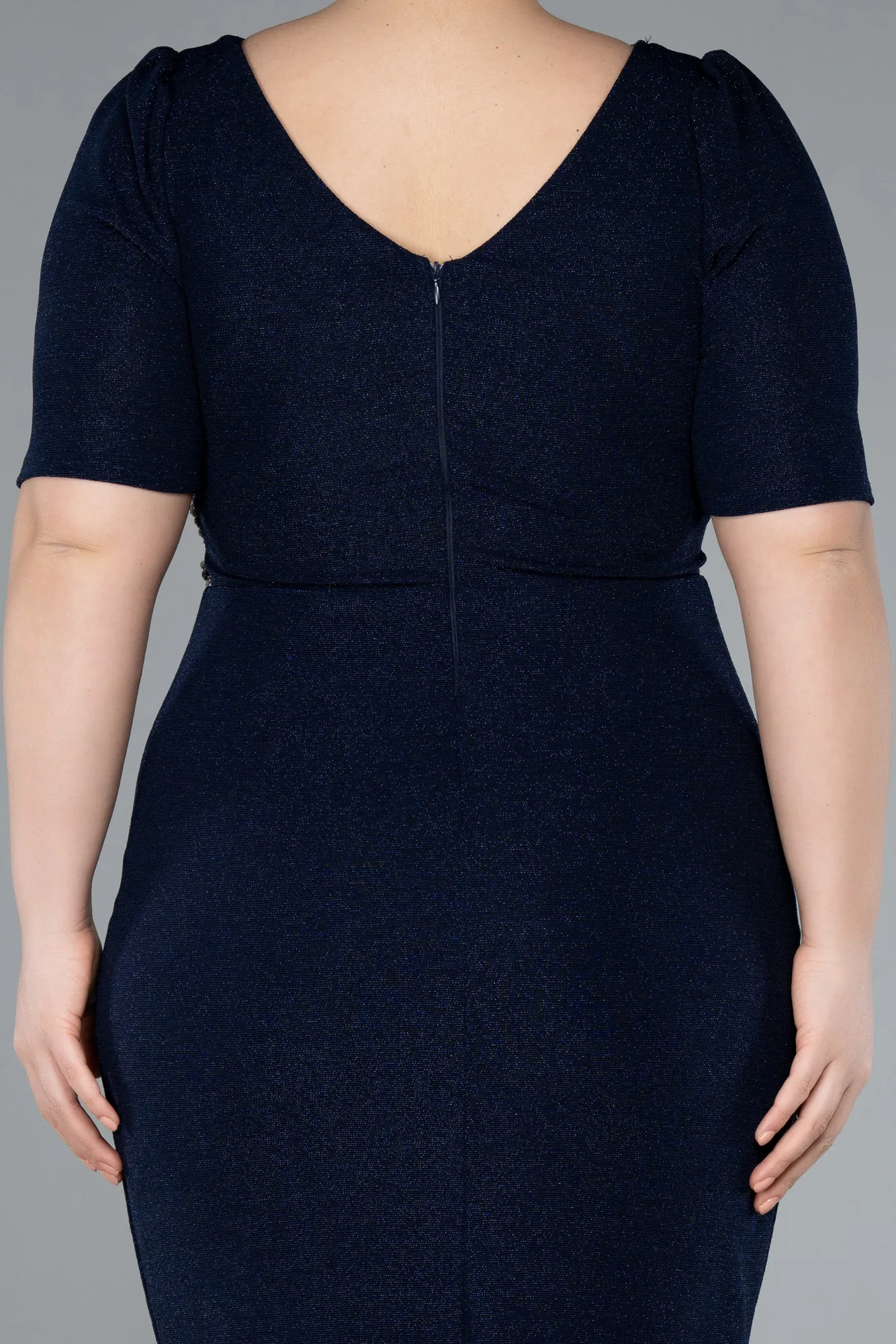 Navy Blue-Short Sleeve Midi Plus Size Evening Dress ABK2303