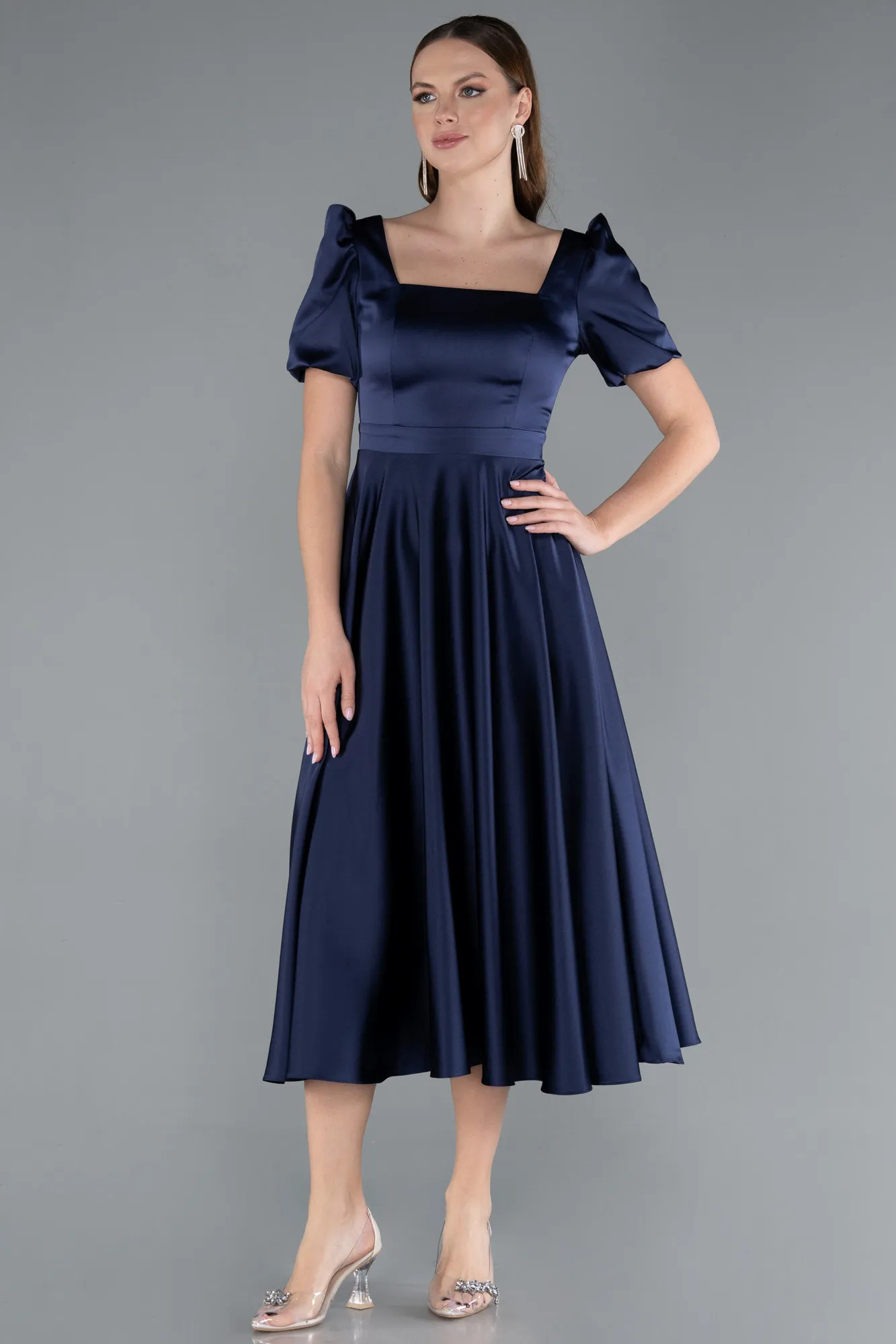 Navy Blue-Short Sleeve Square Neck Midi Satin Cocktail Dress ABK2288