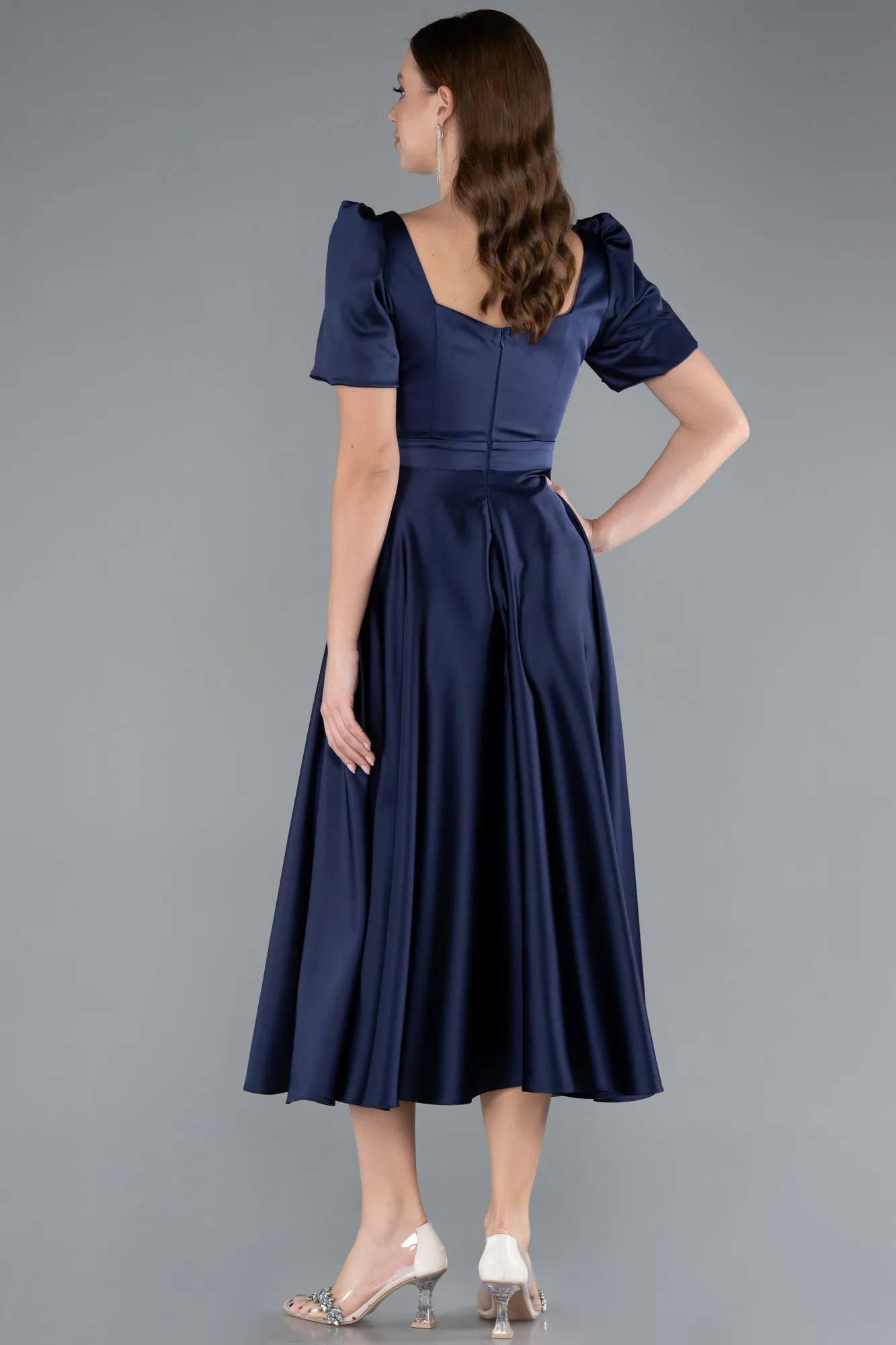 Navy Blue-Short Sleeve Square Neck Midi Satin Cocktail Dress ABK2288