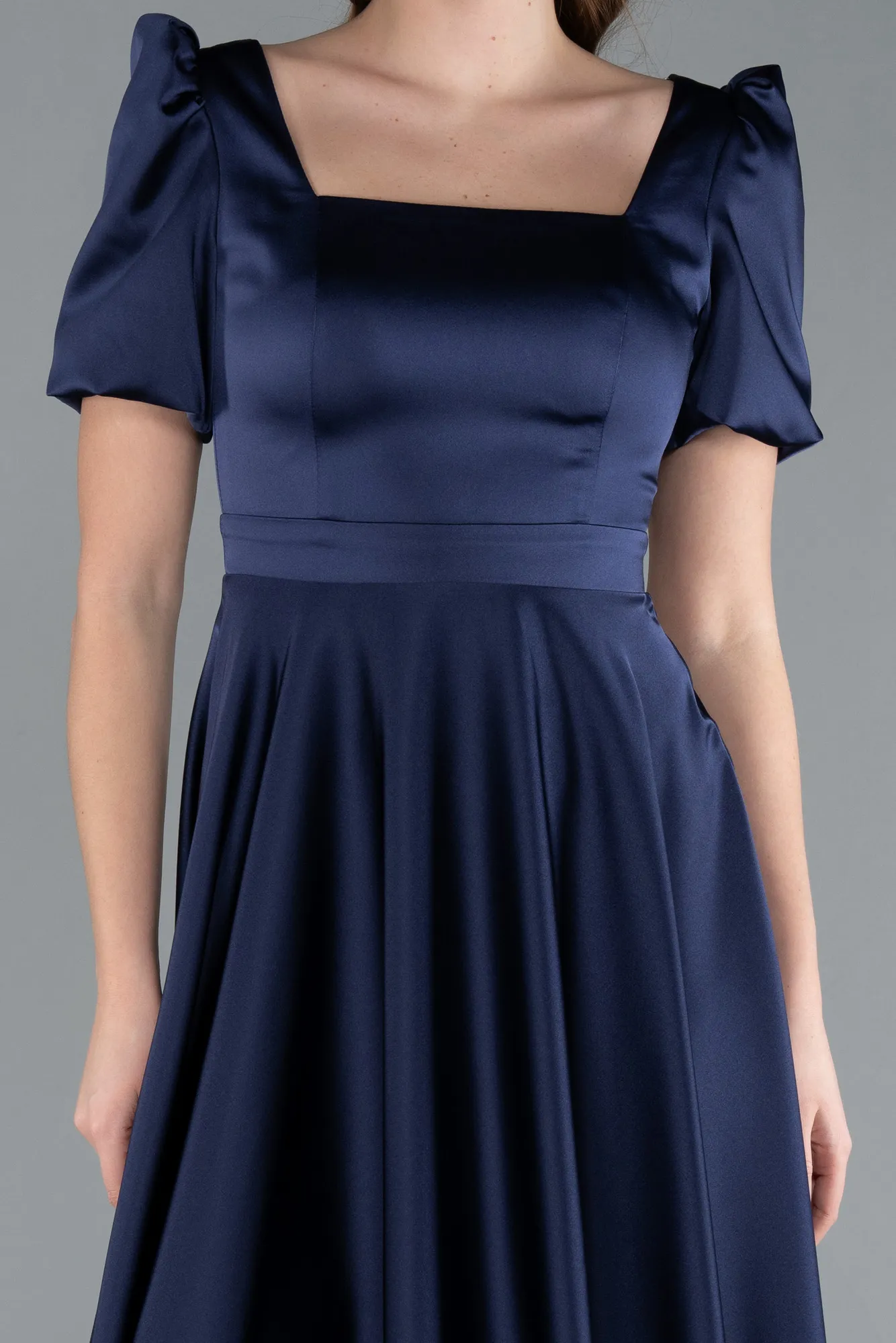 Navy Blue-Short Sleeve Square Neck Midi Satin Cocktail Dress ABK2288