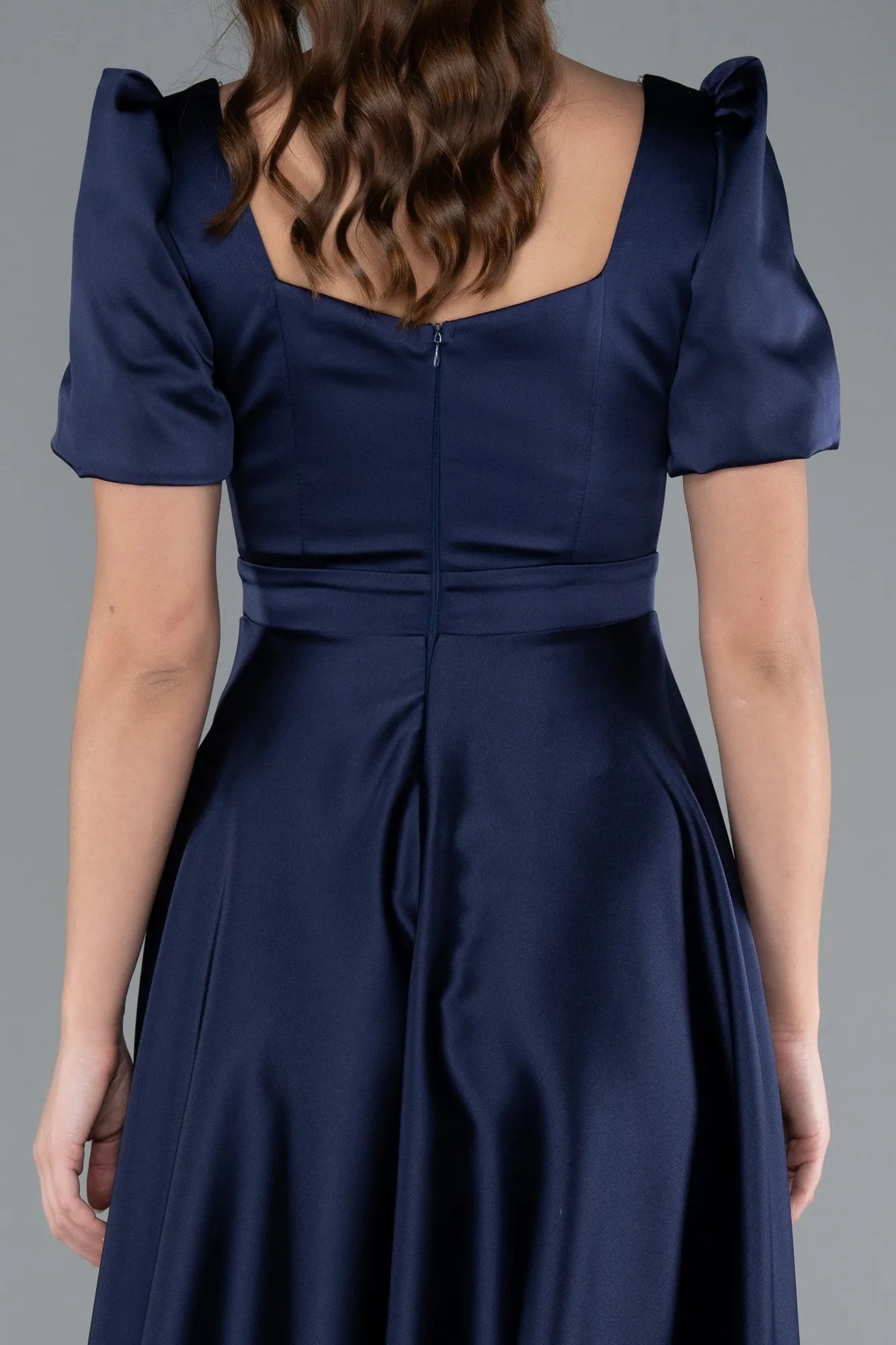 Navy Blue-Short Sleeve Square Neck Midi Satin Cocktail Dress ABK2288