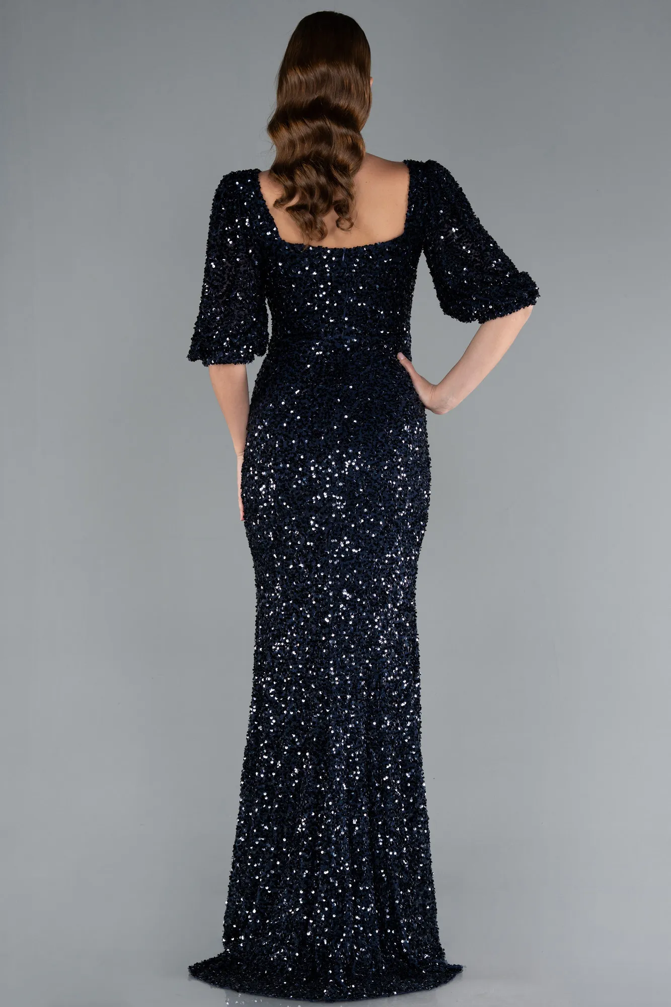 Navy Blue-Short Sleeve Square Neck Slit Long Scaly Evening Gown ABU4848