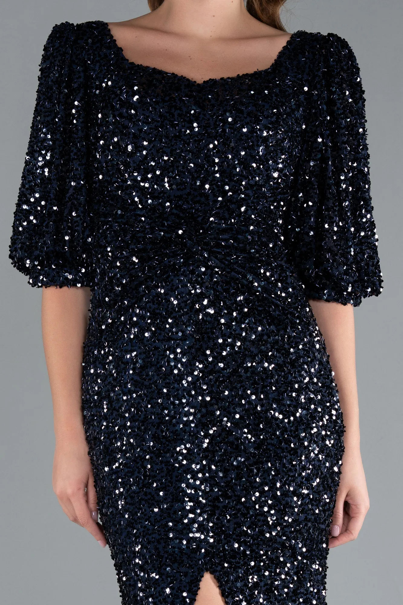 Navy Blue-Short Sleeve Square Neck Slit Long Scaly Evening Gown ABU4848