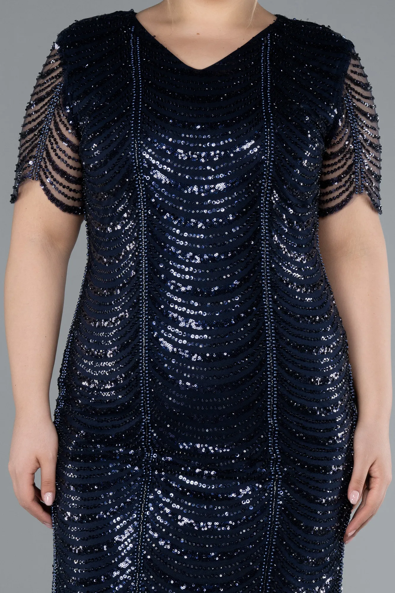 Navy Blue-Short Sleeve V Neck Beaded Plus Size Evening Gown ABK2230