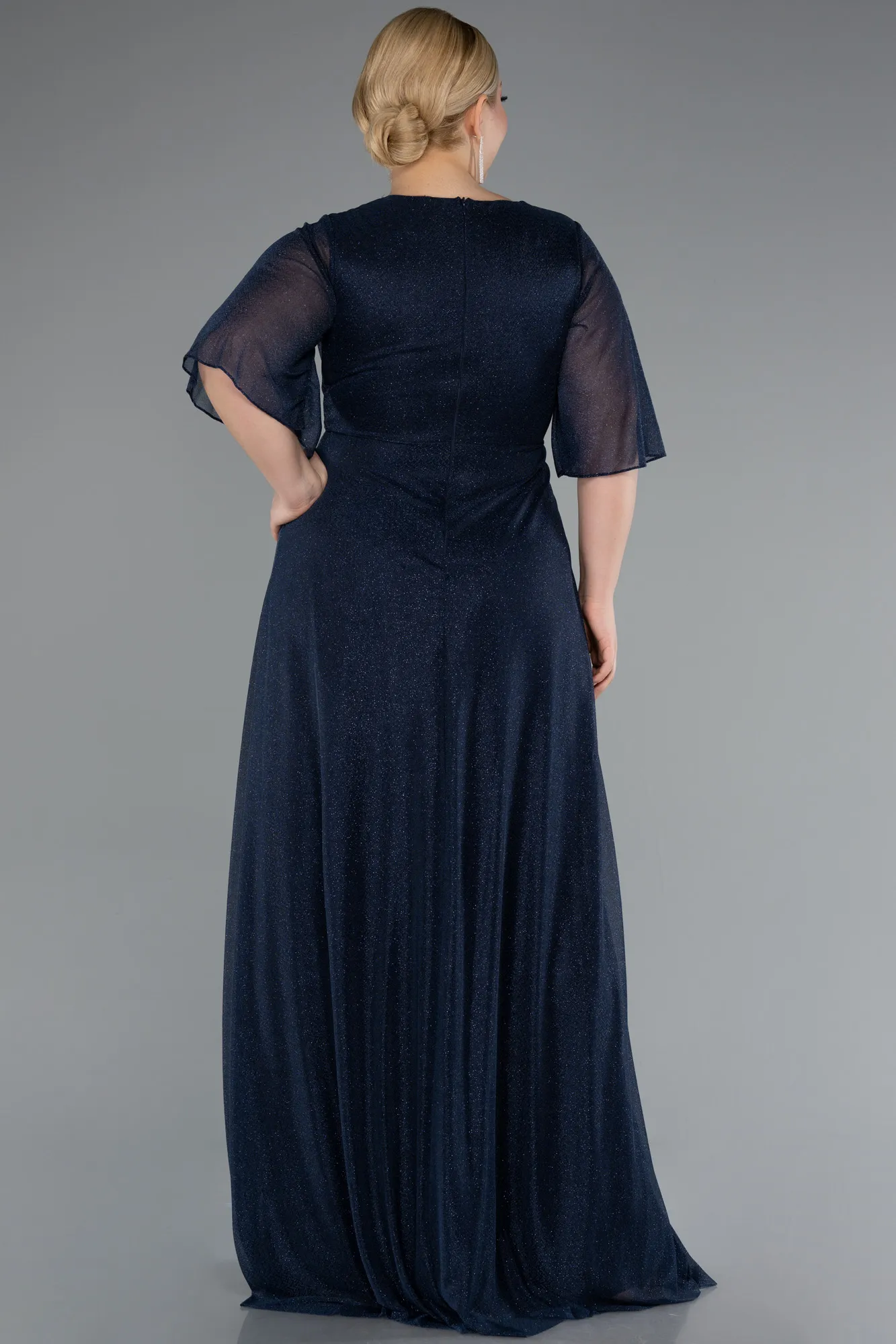 Navy Blue-Short Sleeve V Neck Long Glittery Plus Size Evening Dress ABU4887