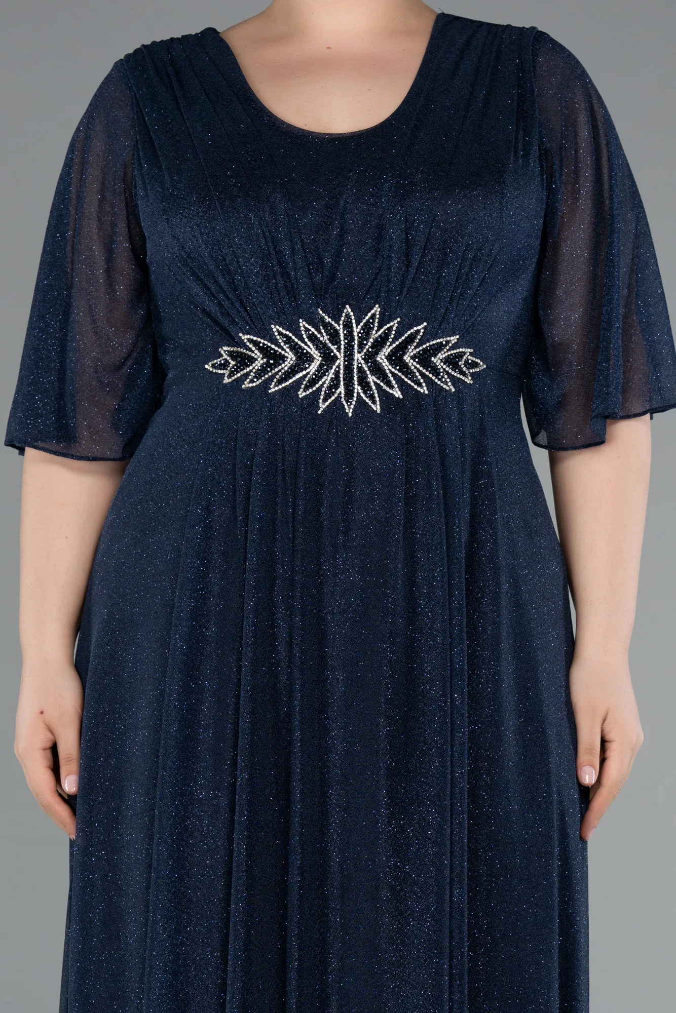 Navy Blue-Short Sleeve V Neck Long Glittery Plus Size Evening Dress ABU4887