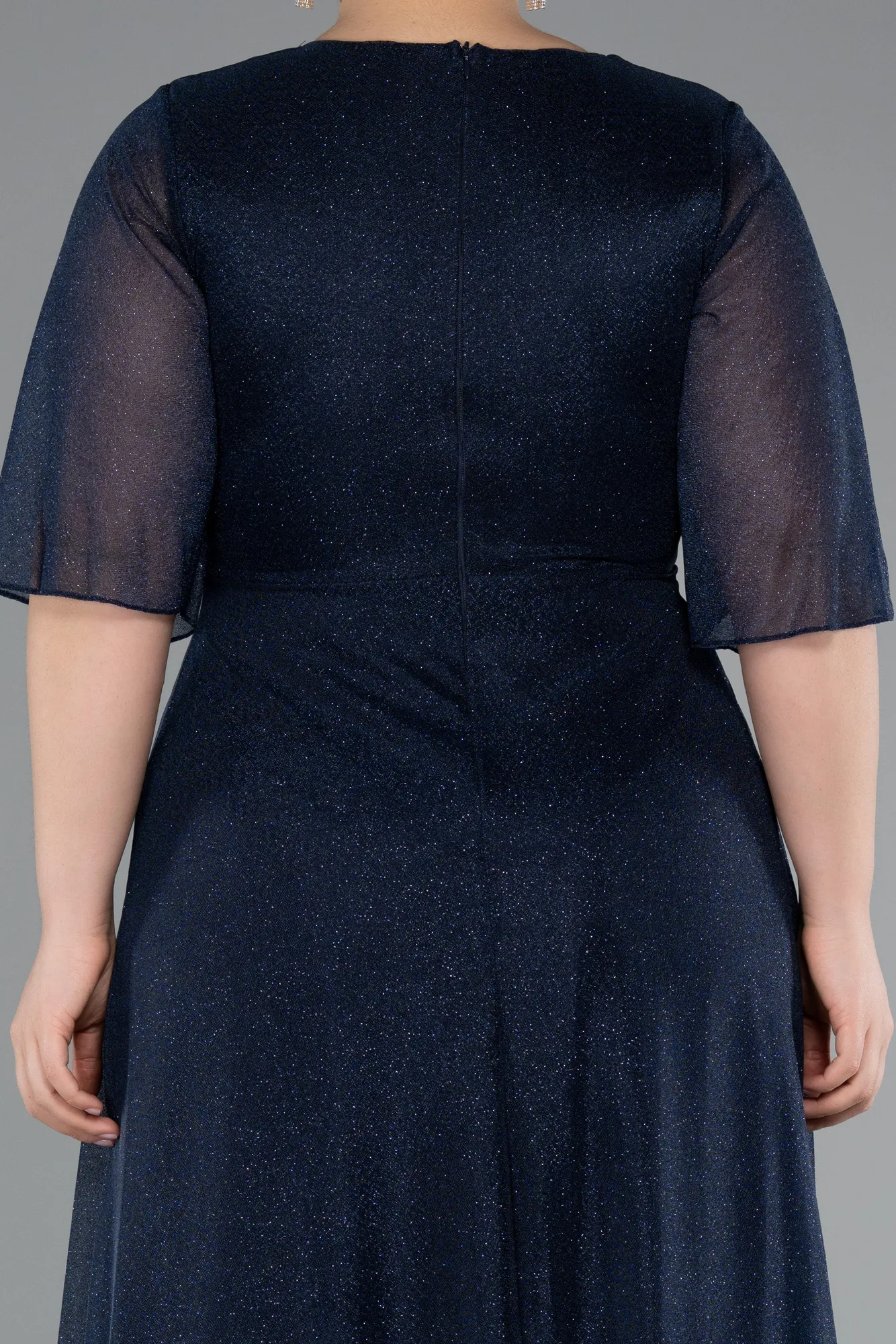 Navy Blue-Short Sleeve V Neck Long Glittery Plus Size Evening Dress ABU4887
