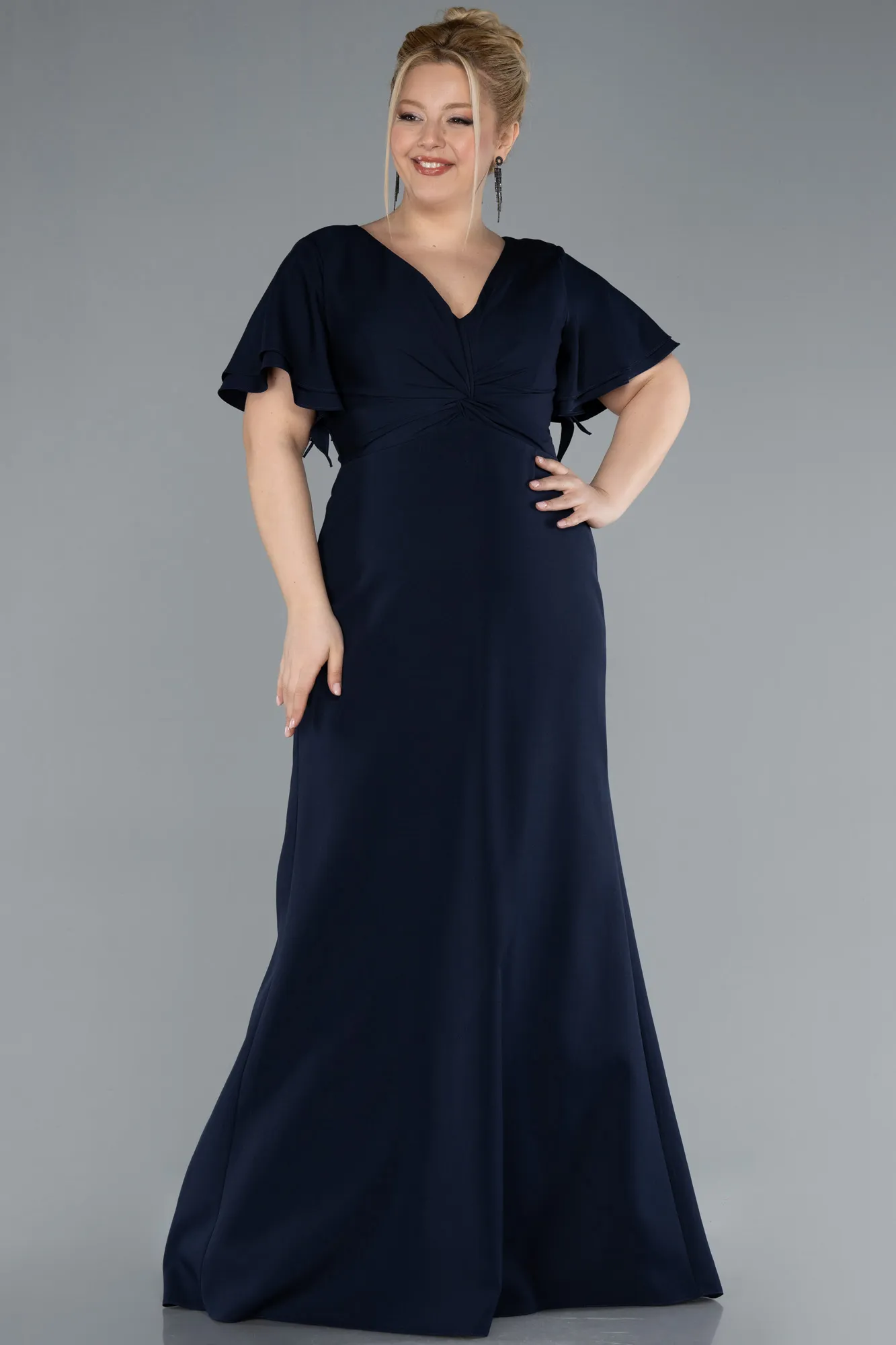 Navy Blue-Short Sleeve V Neck Long Plus Size Evening Dress ABU4353