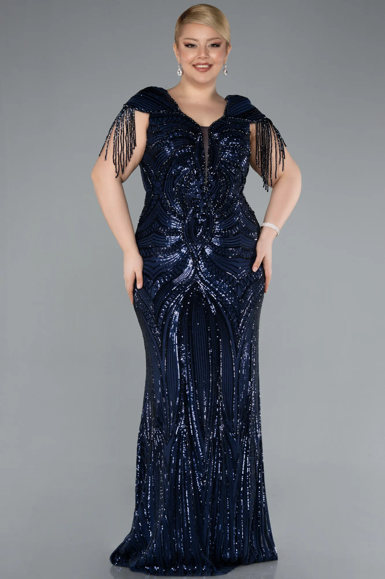 Navy Blue-Short Sleeve V Neck Long Sequin Plus Size Evening Gown ABU4821