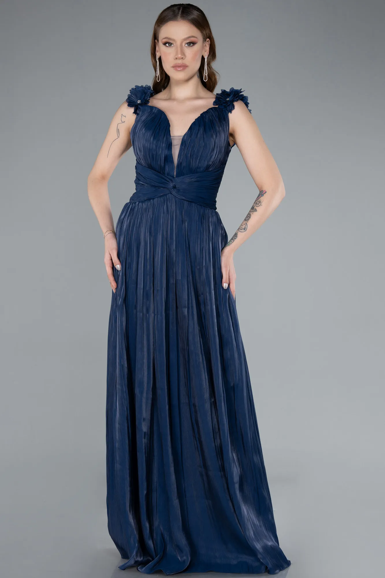 Navy Blue-Sleeveless Long Chiffon Evening Dress ABU4810
