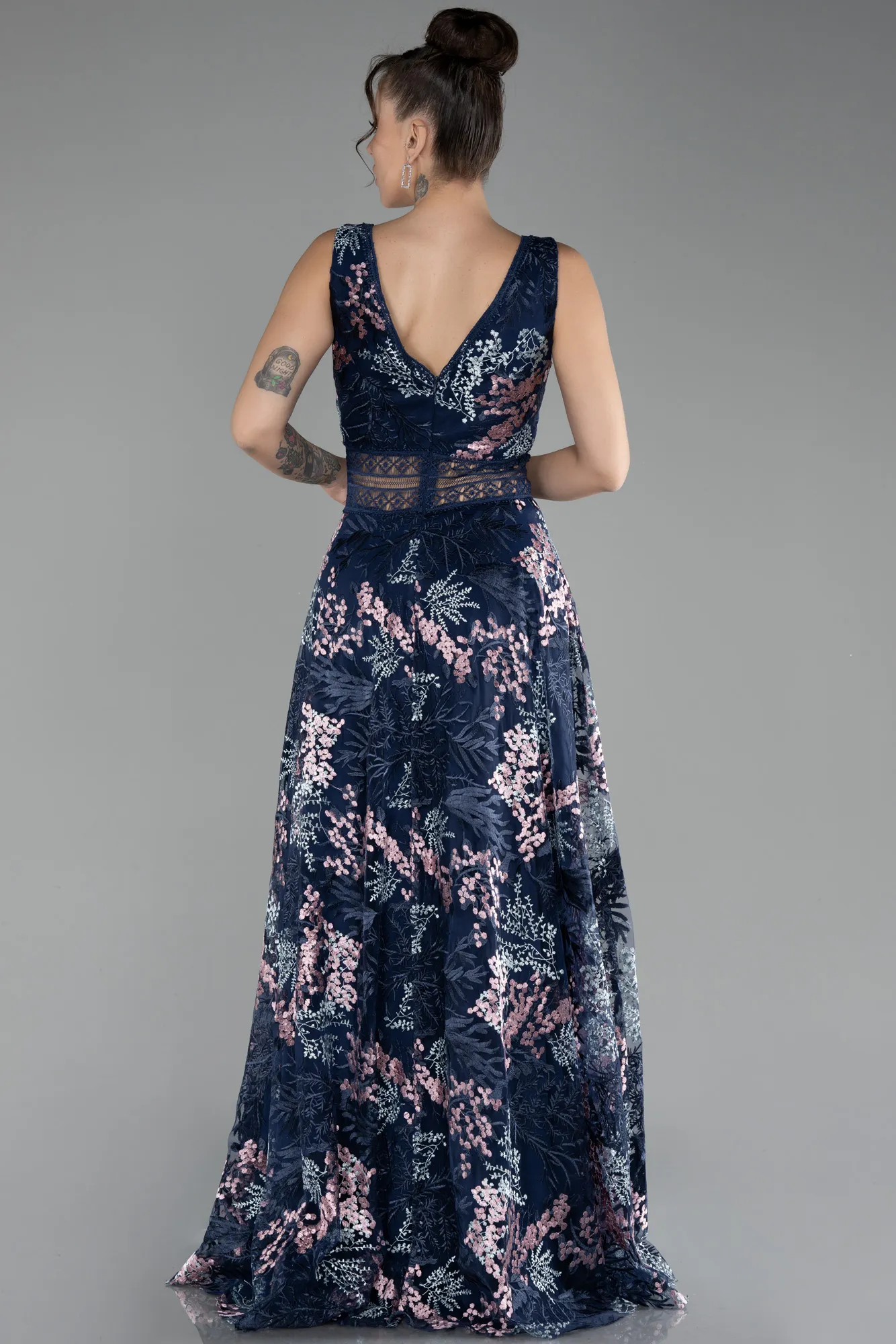 Navy Blue-Sleeveless Long Embroidered Evening Dress ABU4244