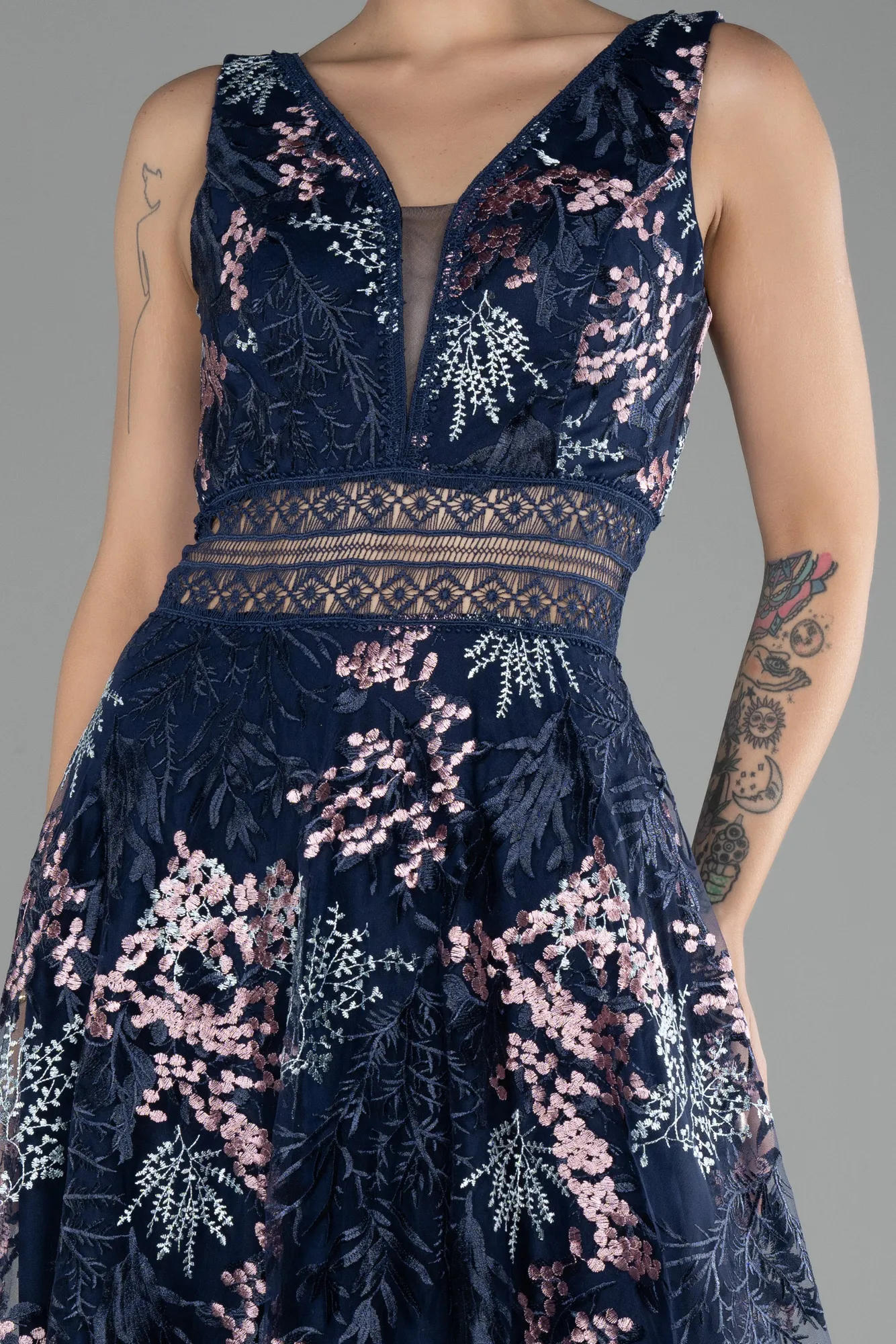 Navy Blue-Sleeveless Long Embroidered Evening Dress ABU4244