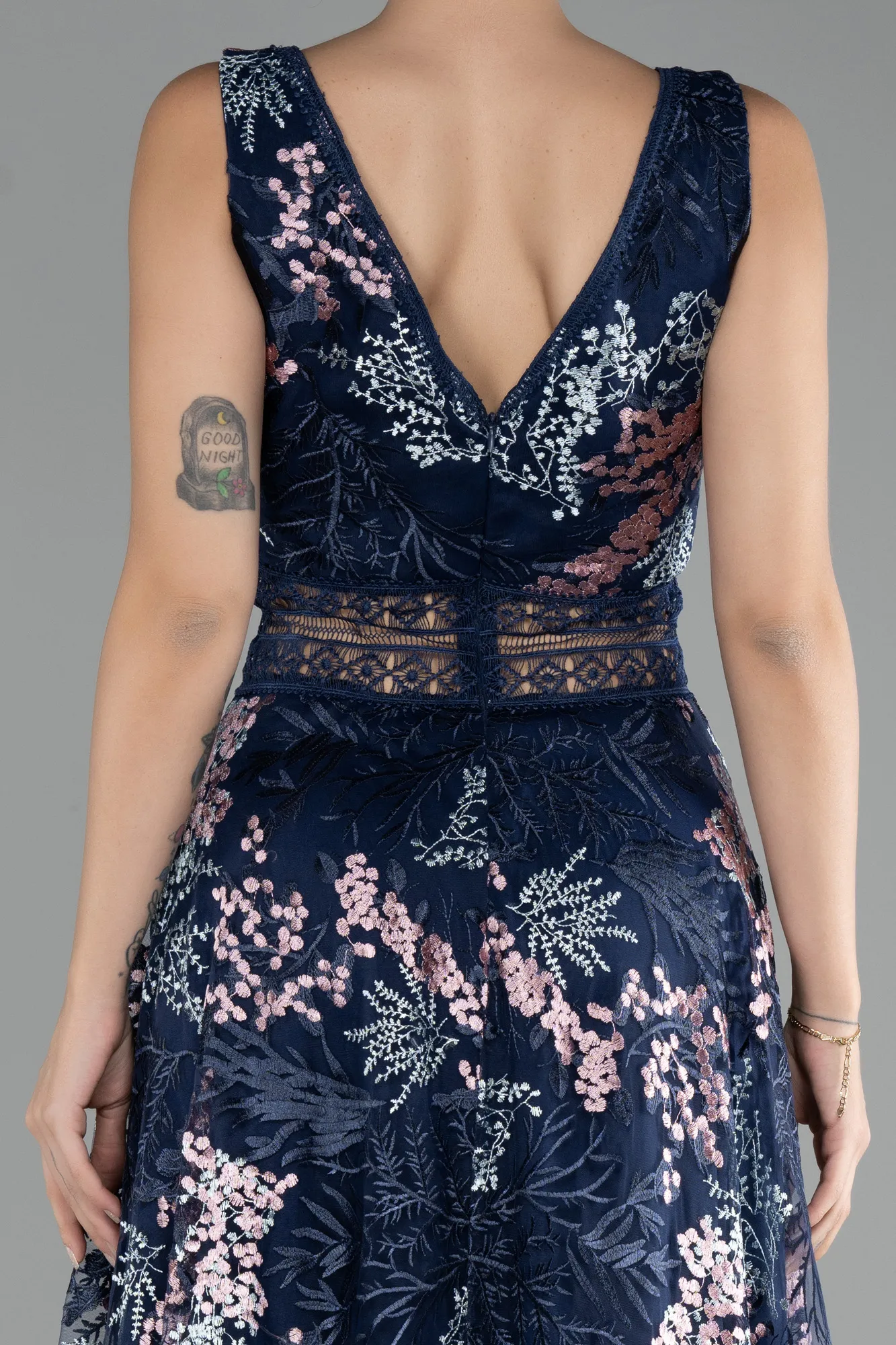 Navy Blue-Sleeveless Long Embroidered Evening Dress ABU4244
