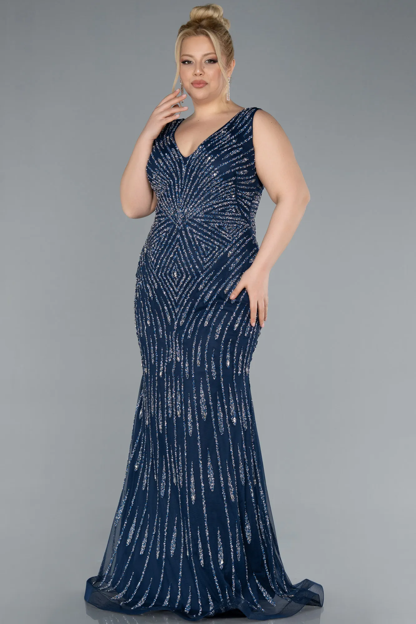 Navy Blue-Sleeveless Long Plus Size Stone Mermaid Evening Gown ABU4699