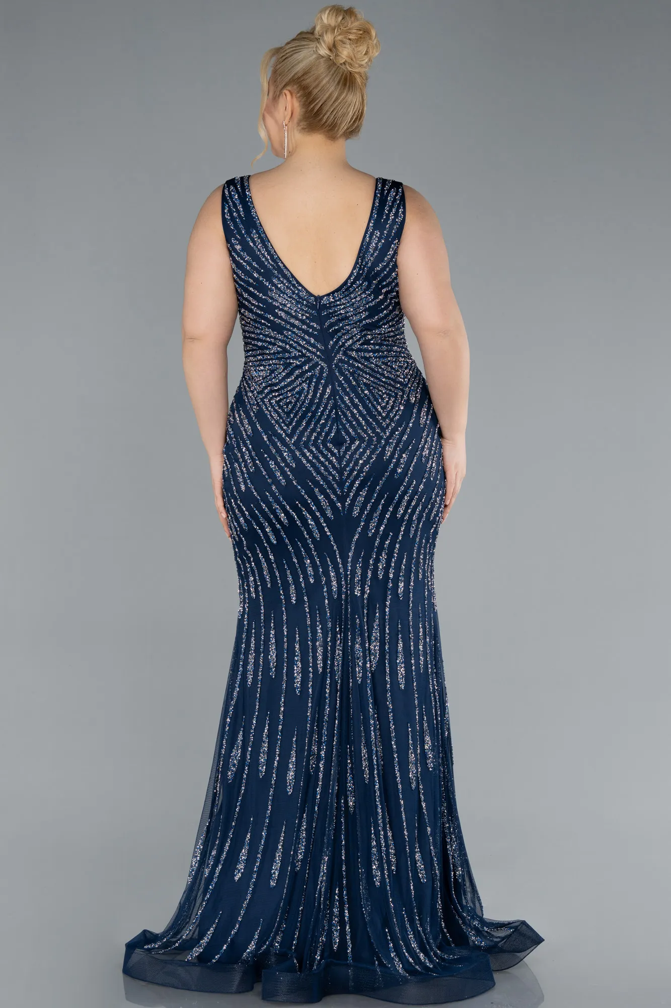 Navy Blue-Sleeveless Long Plus Size Stone Mermaid Evening Gown ABU4699