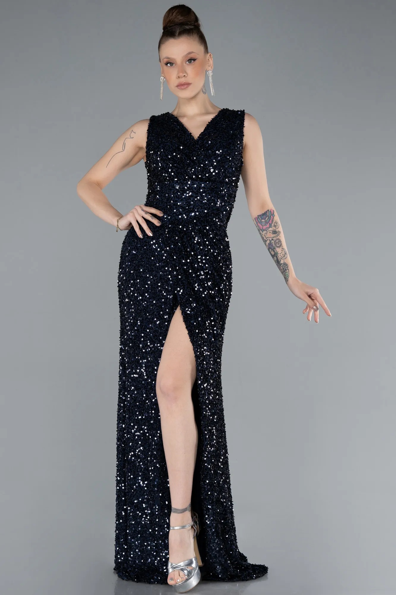 Navy Blue-Sleeveless Slit Long Sequin Evening Gown ABU4672
