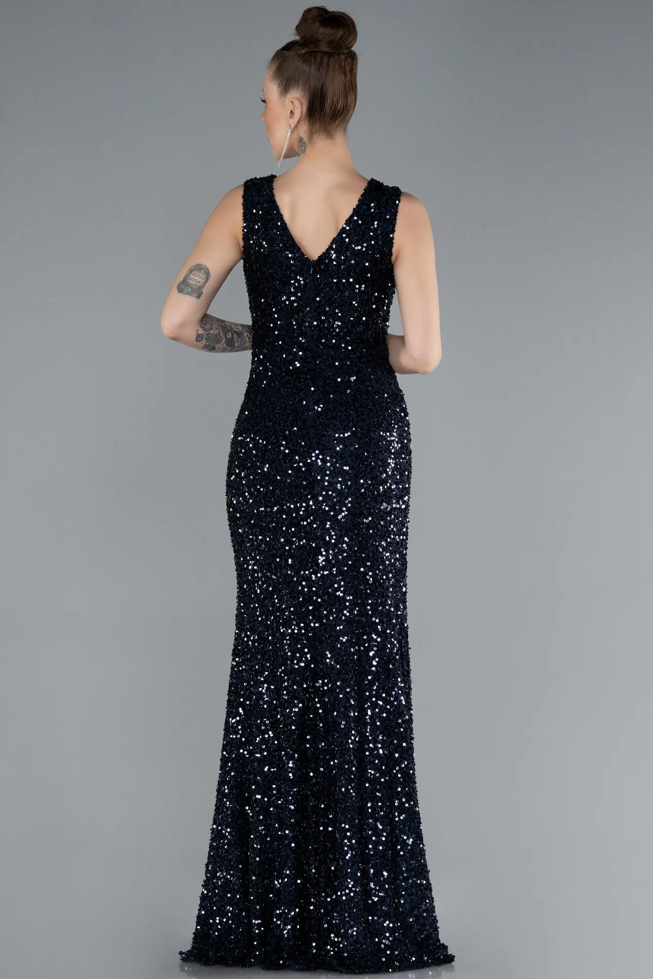 Navy Blue-Sleeveless Slit Long Sequin Evening Gown ABU4672