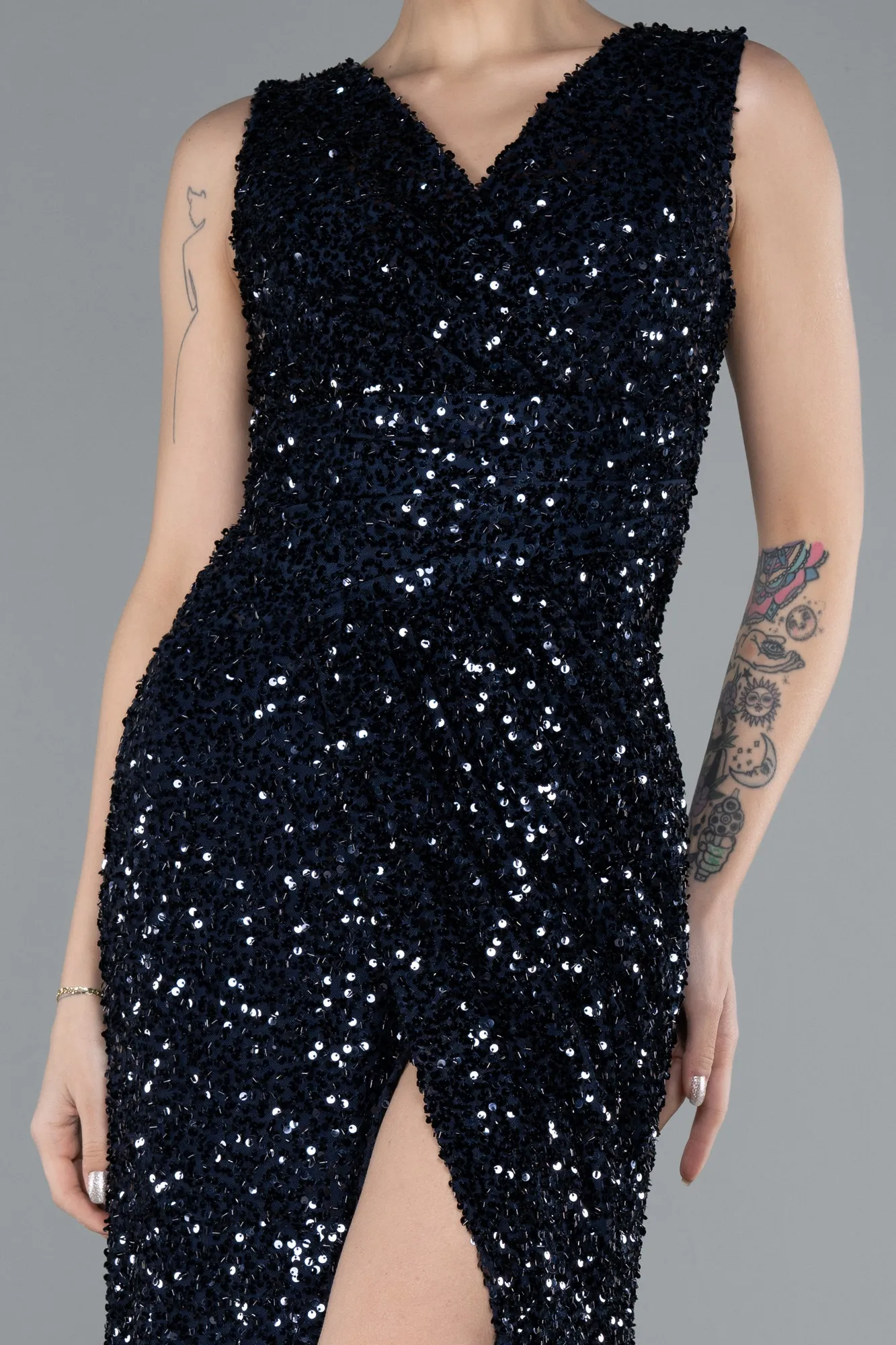 Navy Blue-Sleeveless Slit Long Sequin Evening Gown ABU4672