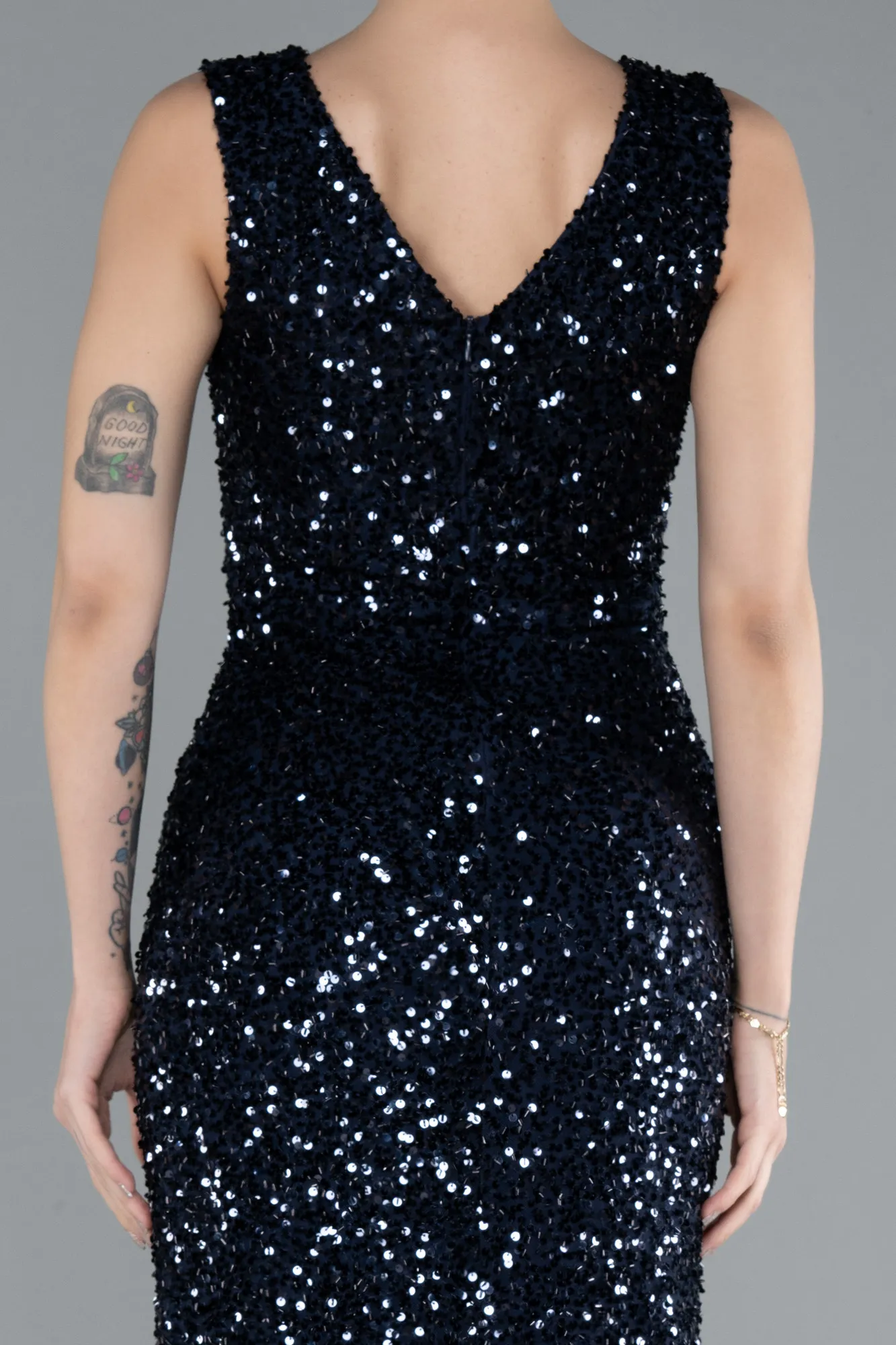 Navy Blue-Sleeveless Slit Long Sequin Evening Gown ABU4672