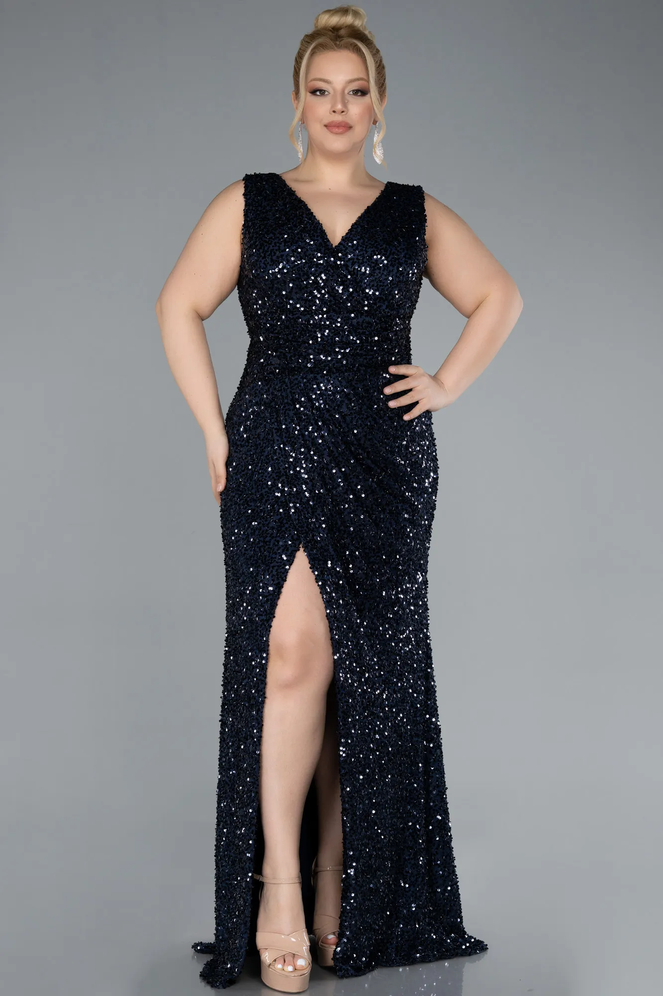Navy Blue-Sleeveless Slit Long Sequin Plus Size Evening Gown ABU4673