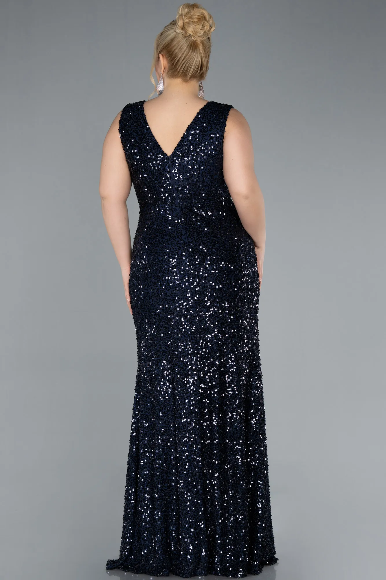 Navy Blue-Sleeveless Slit Long Sequin Plus Size Evening Gown ABU4673