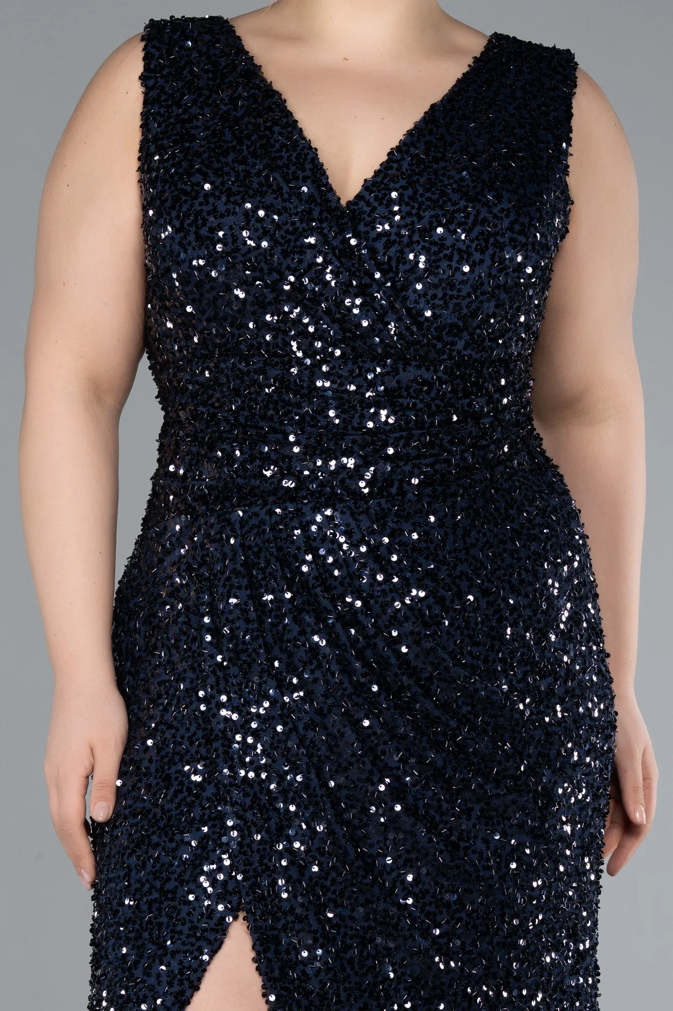Navy Blue-Sleeveless Slit Long Sequin Plus Size Evening Gown ABU4673