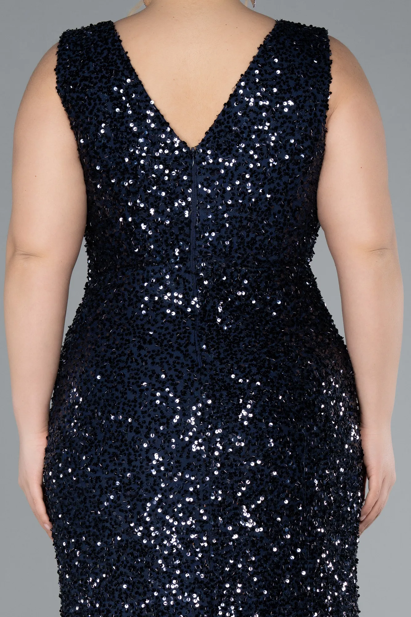 Navy Blue-Sleeveless Slit Long Sequin Plus Size Evening Gown ABU4673