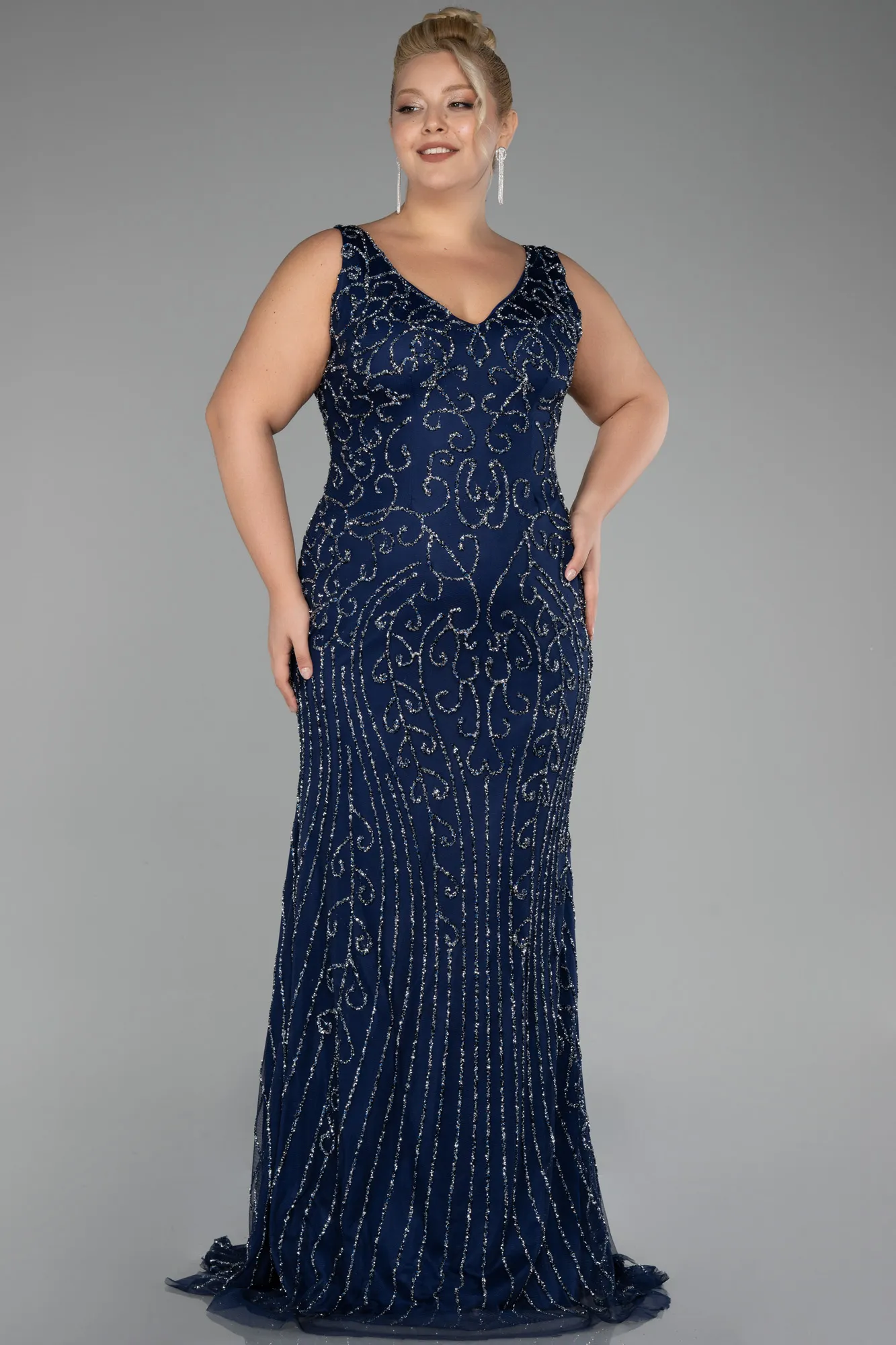 Navy Blue-Sleeveless Stoned Long Plus Size Prom Gown ABU4008