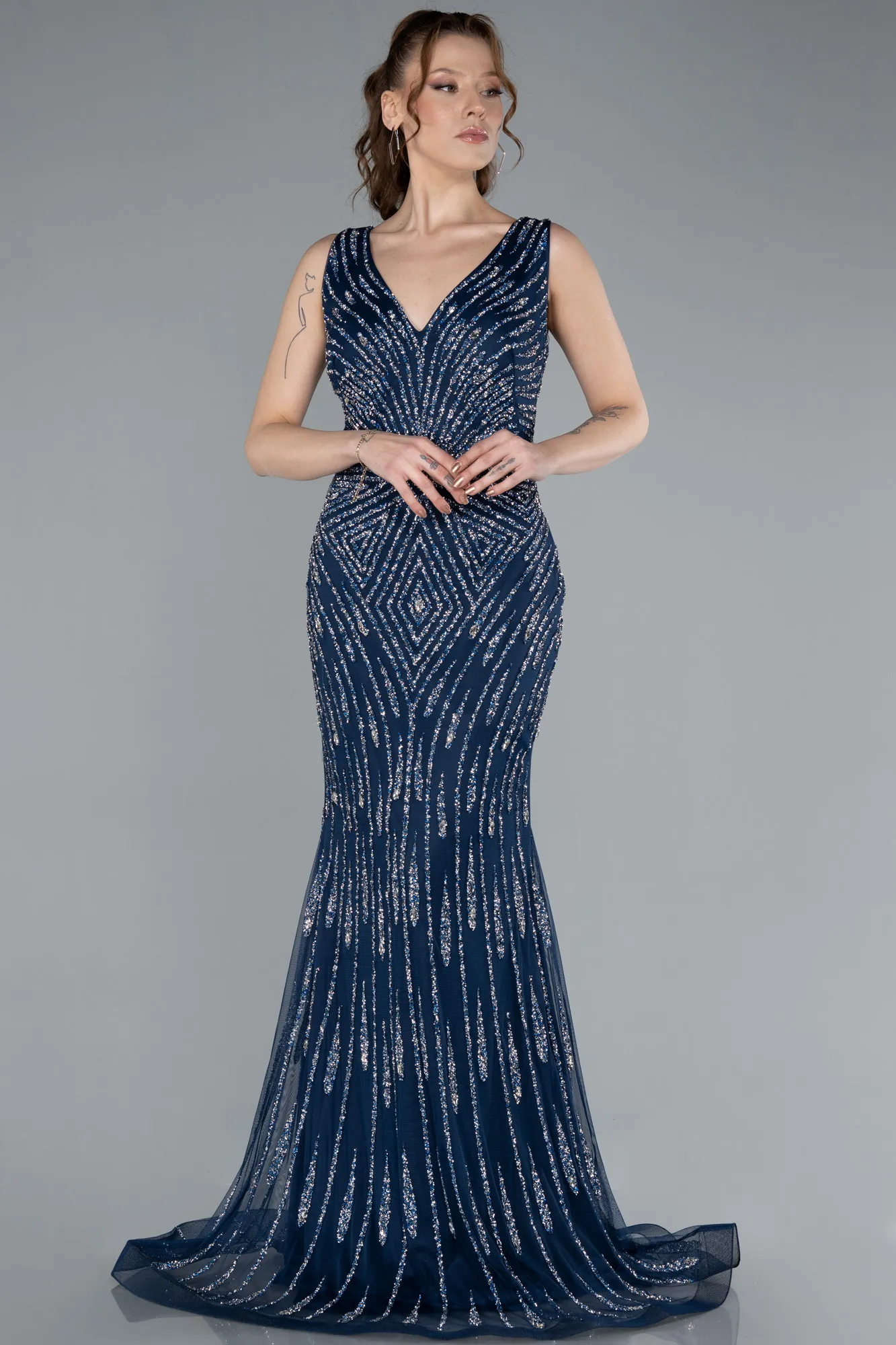 Navy Blue-Sleeveless V Neck Long Stone Mermaid Evening Gown ABU4698