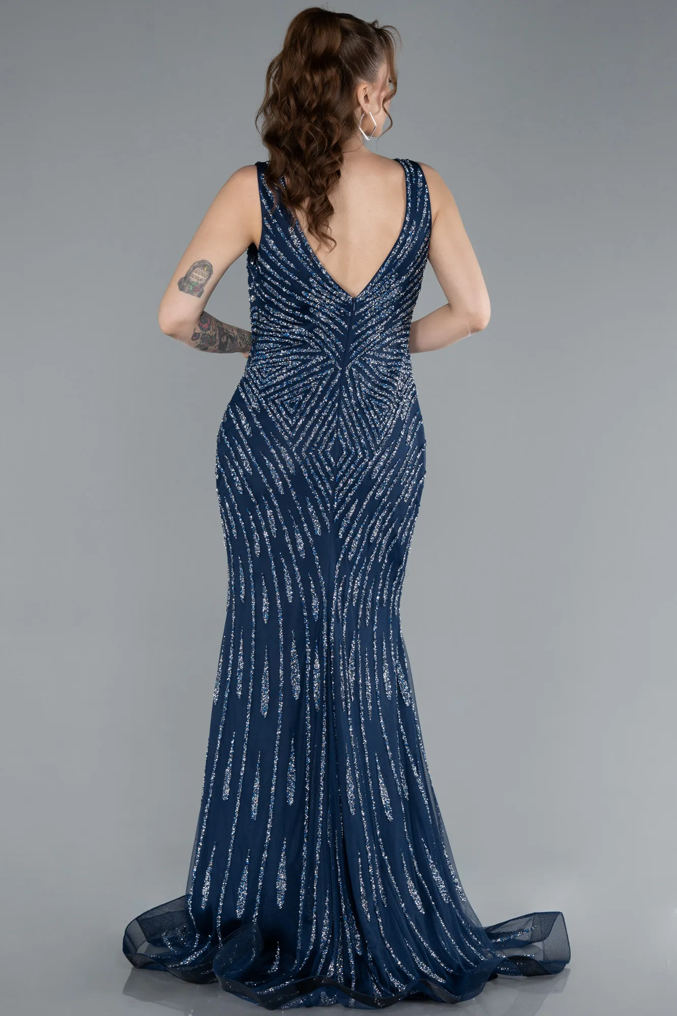 Navy Blue-Sleeveless V Neck Long Stone Mermaid Evening Gown ABU4698