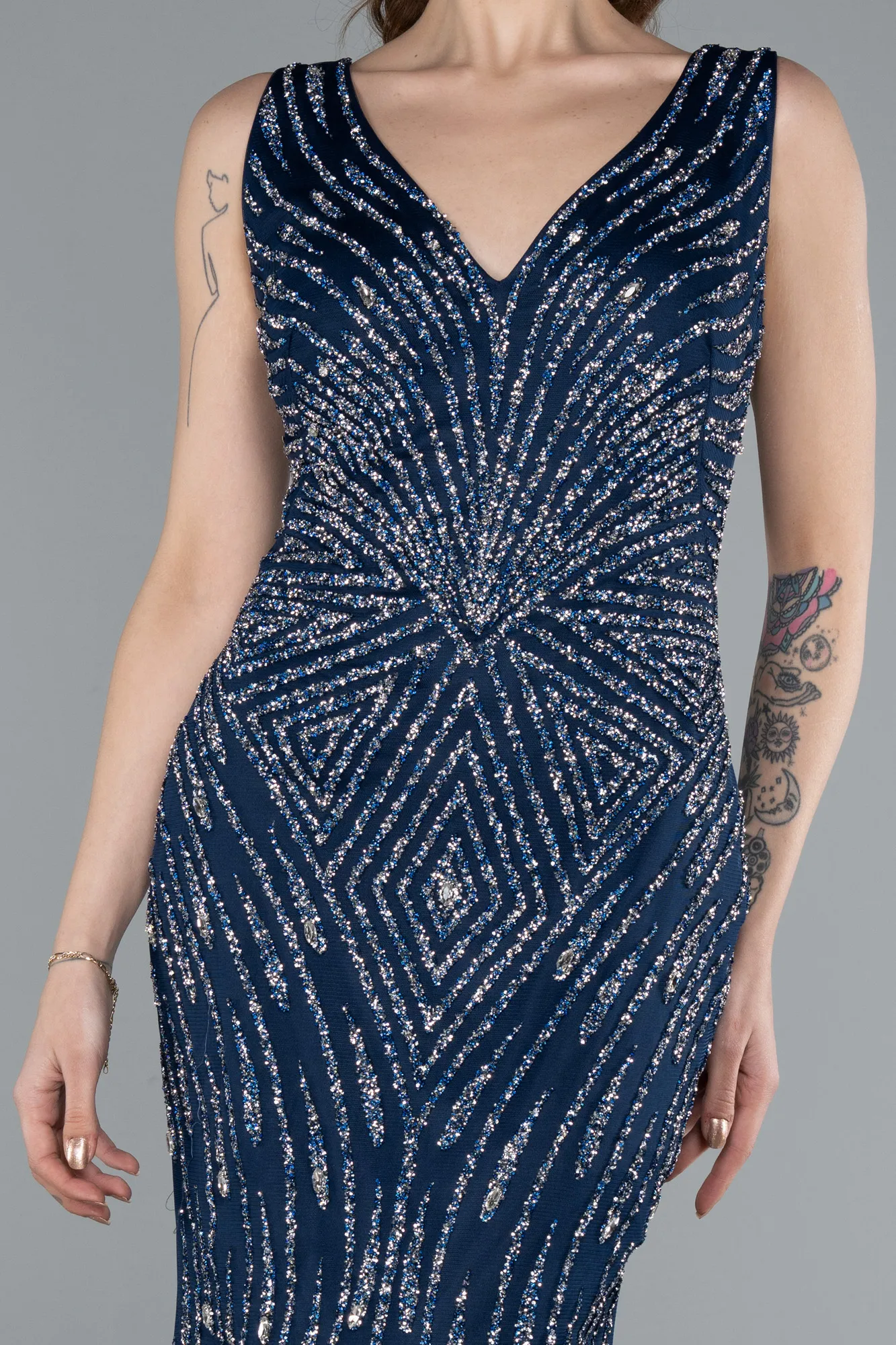 Navy Blue-Sleeveless V Neck Long Stone Mermaid Evening Gown ABU4698