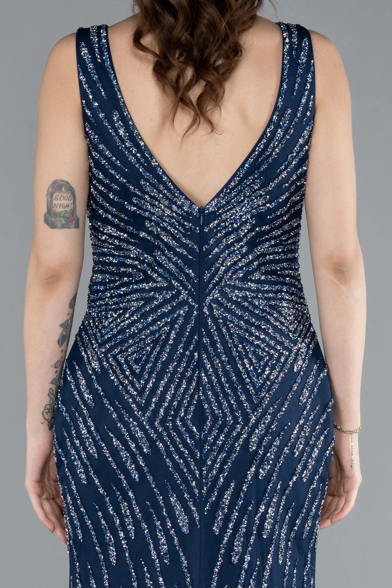 Navy Blue-Sleeveless V Neck Long Stone Mermaid Evening Gown ABU4698