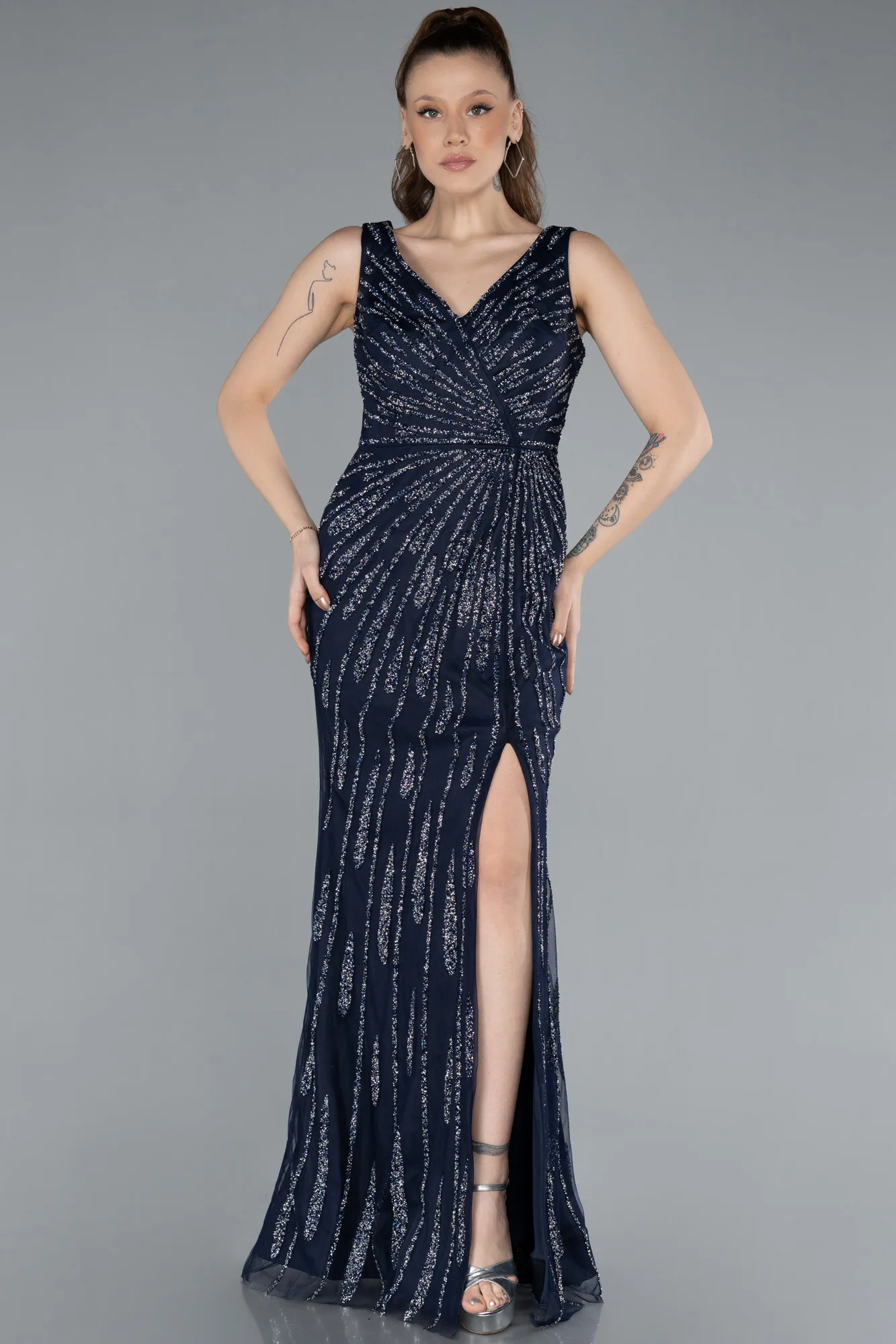 Navy Blue-Sleeveless V Neck Slit Stone Evening Gown ABU4714