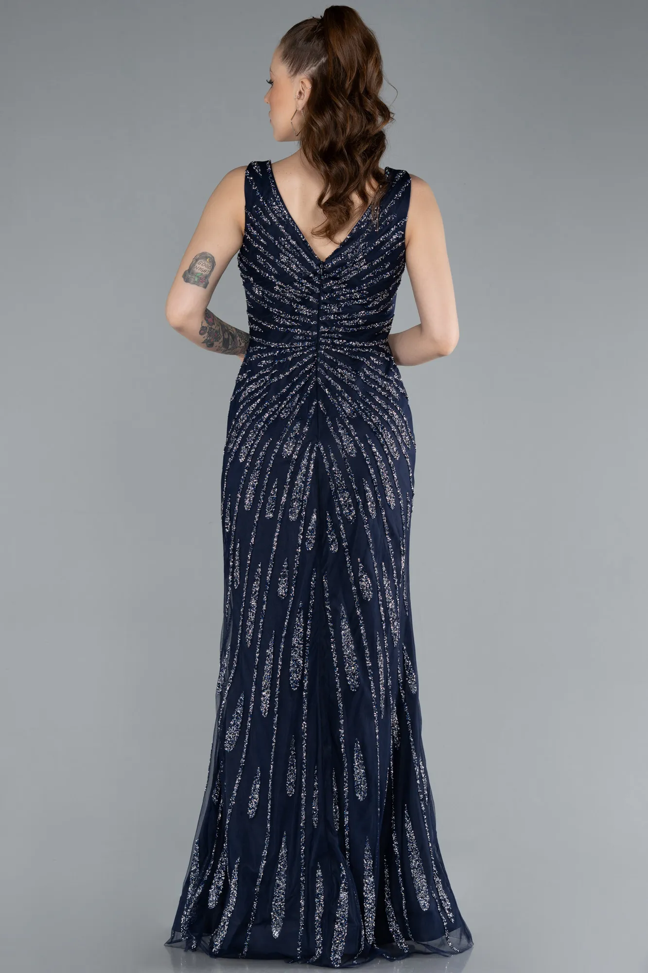Navy Blue-Sleeveless V Neck Slit Stone Evening Gown ABU4714