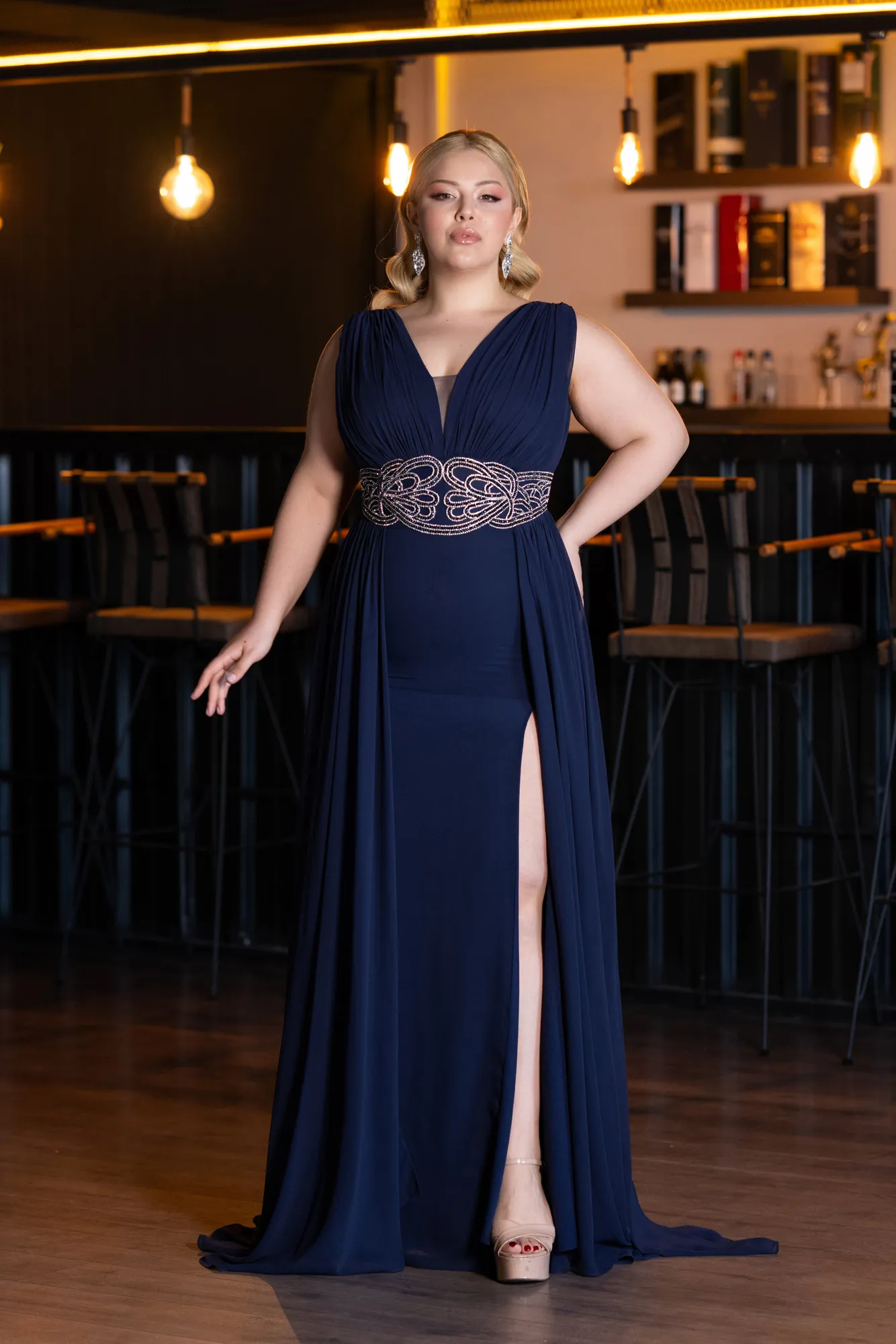 Navy Blue-Sleeveless Waist Stoned Slit Long Chiffon Plus Size Evening Gown ABU5006