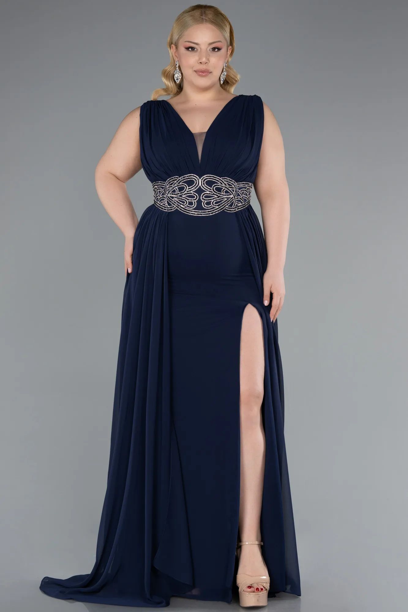 Navy Blue-Sleeveless Waist Stoned Slit Long Chiffon Plus Size Evening Gown ABU5006
