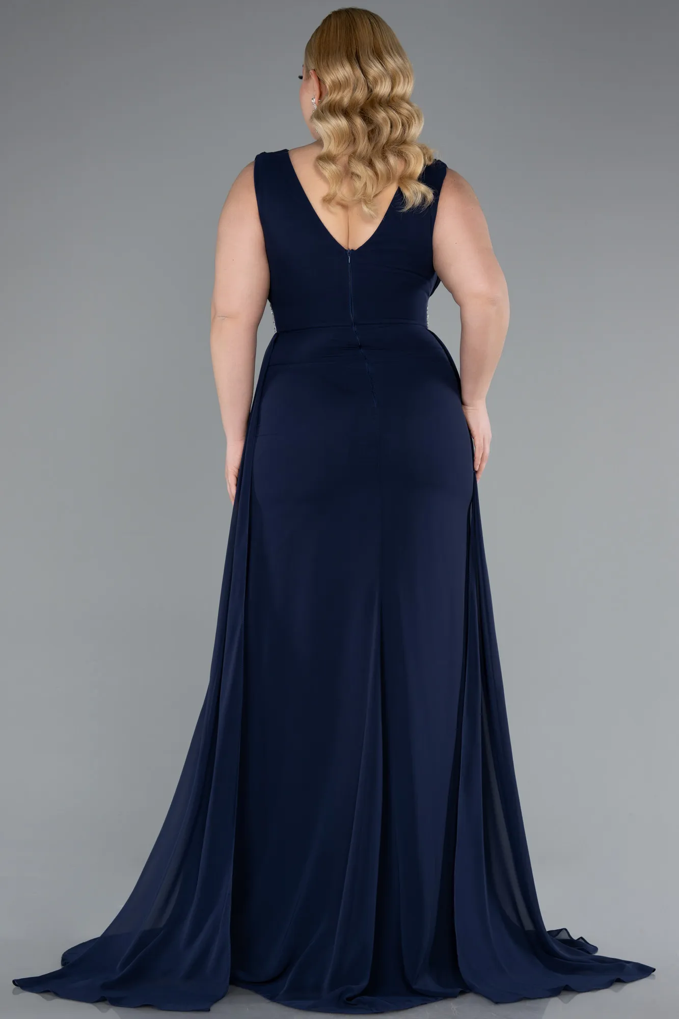 Navy Blue-Sleeveless Waist Stoned Slit Long Chiffon Plus Size Evening Gown ABU5006