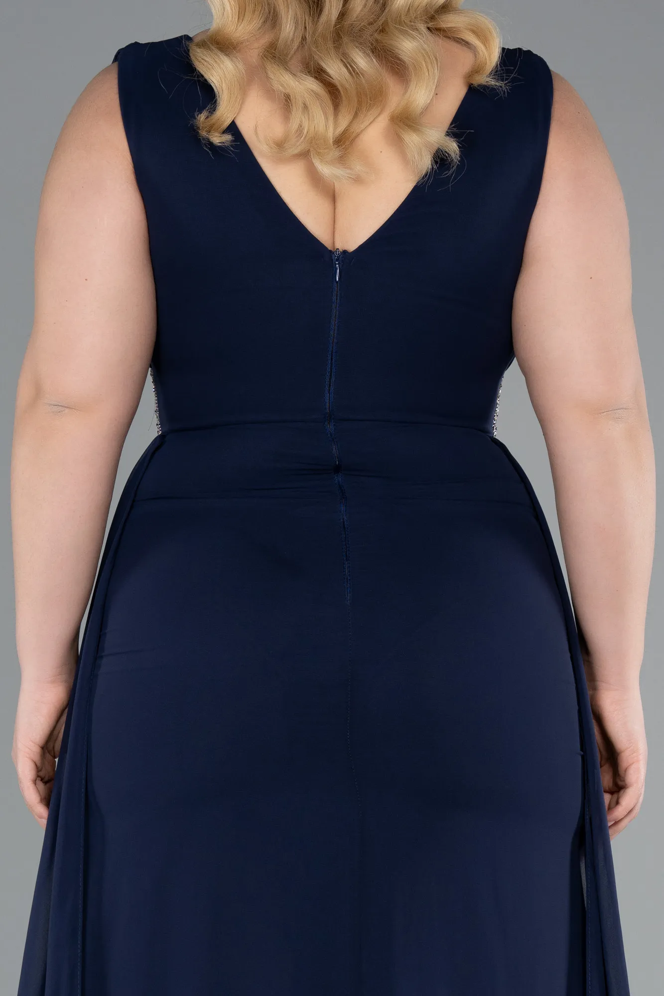 Navy Blue-Sleeveless Waist Stoned Slit Long Chiffon Plus Size Evening Gown ABU5006