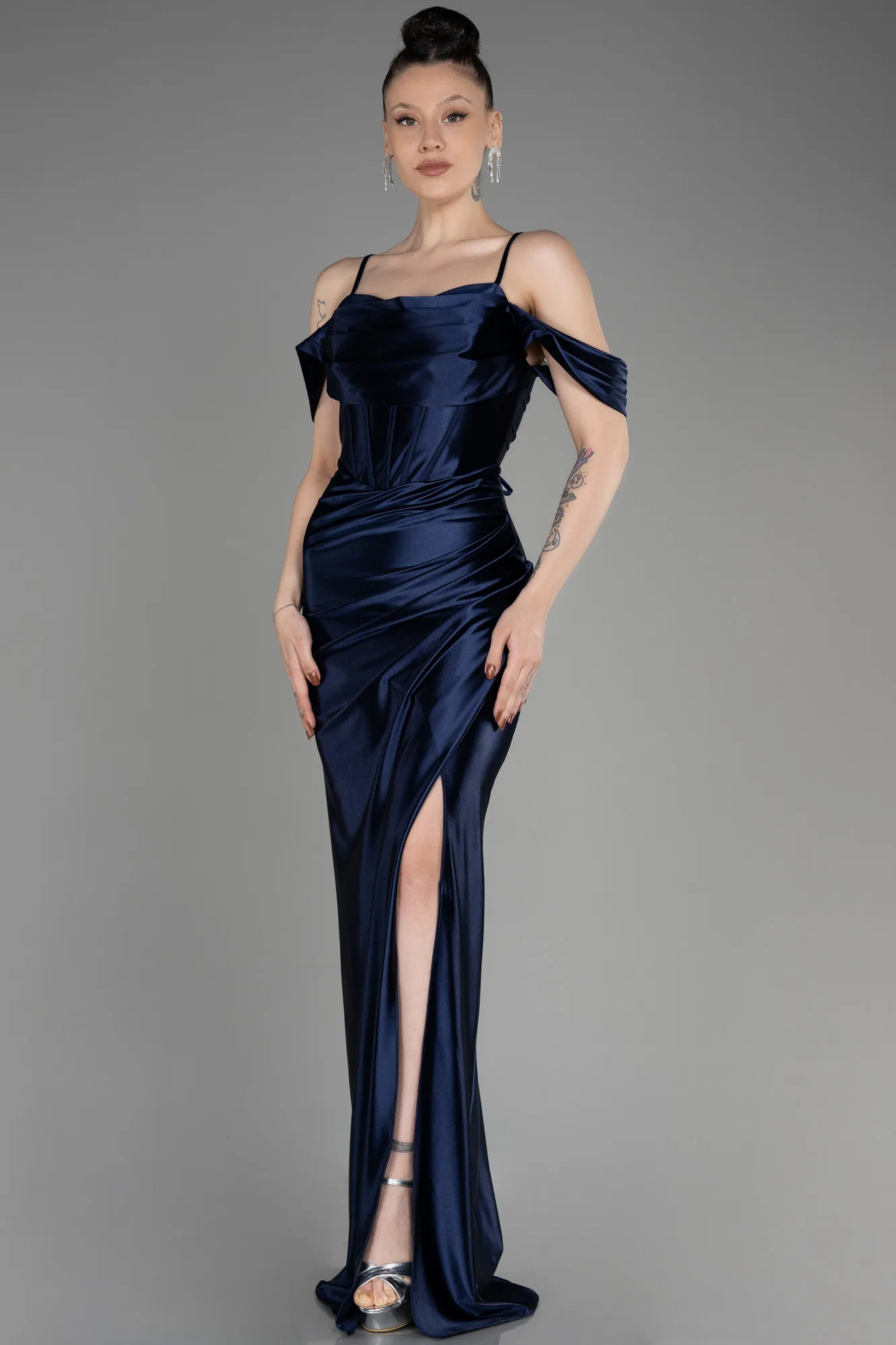 Navy Blue-Slit Long Satin Evening Dress ABU3840