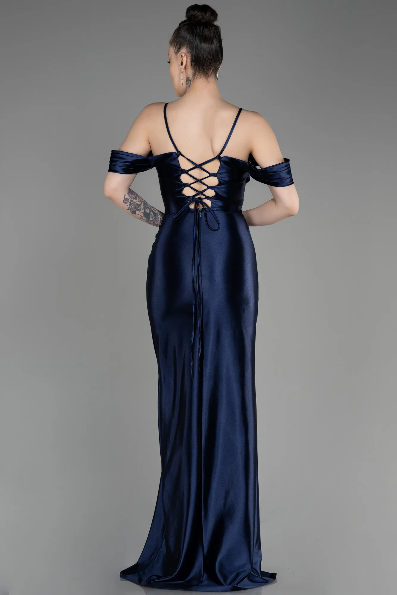 Navy Blue-Slit Long Satin Evening Dress ABU3840