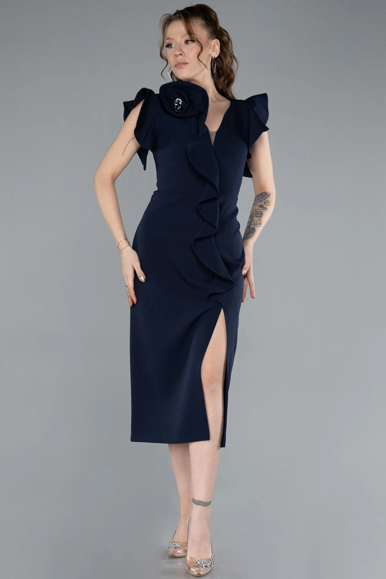 Navy Blue-Slit Midi Cocktail Dress ABK2277