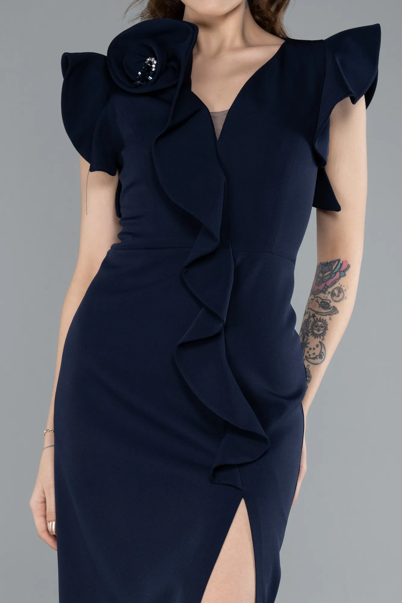 Navy Blue-Slit Midi Cocktail Dress ABK2277