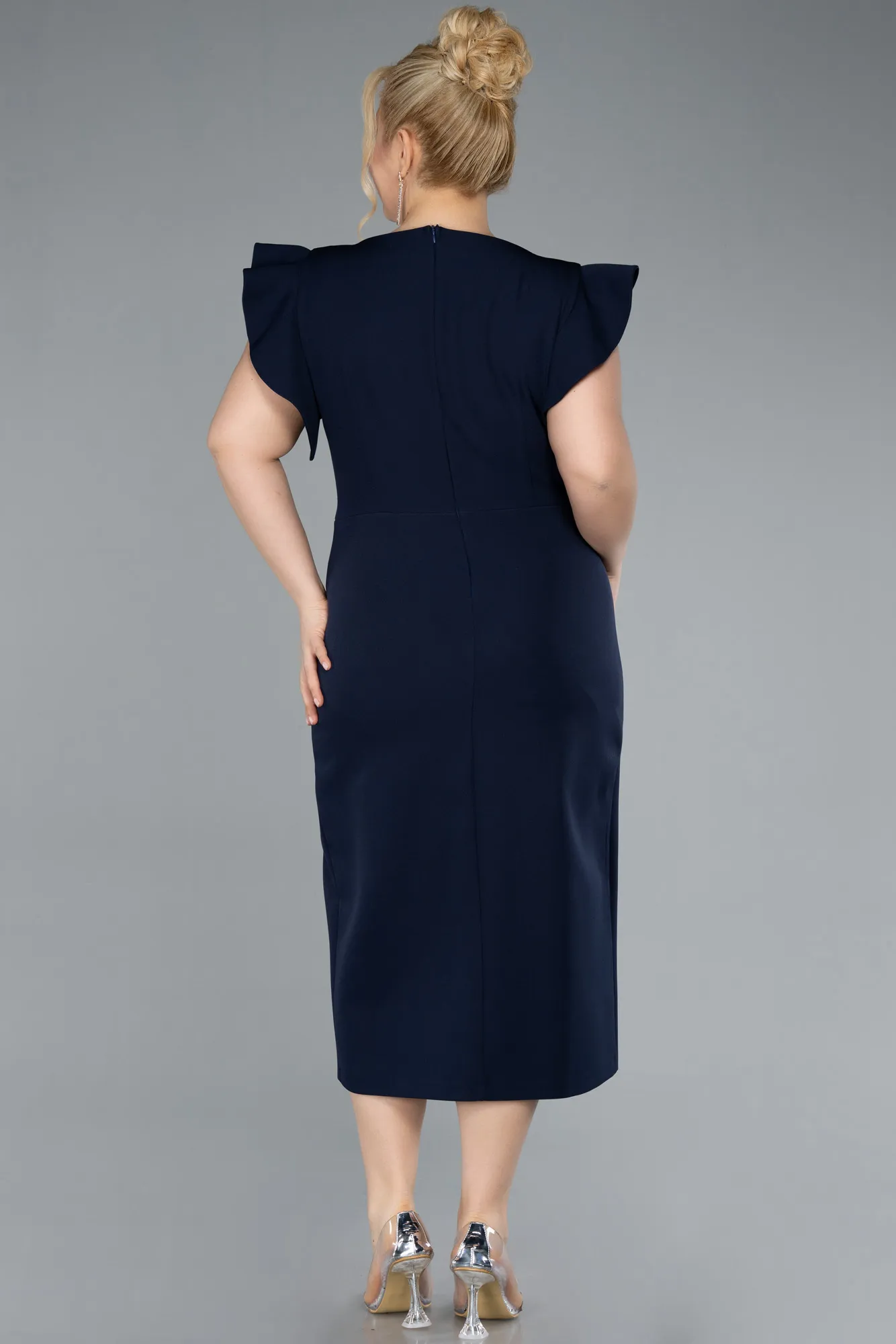 Navy Blue-Slit Midi Plus Size Invitation Dress ABK2278