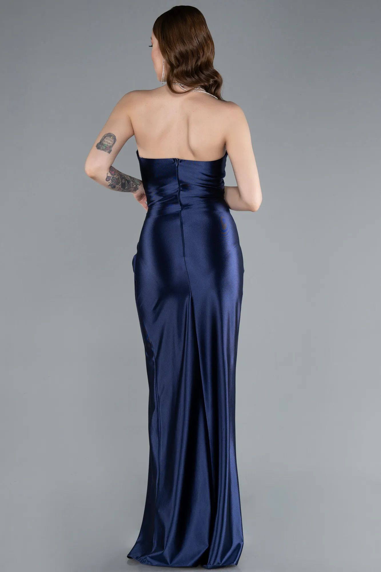 Navy Blue-Slit Satin Long Prom Dress ABU4884