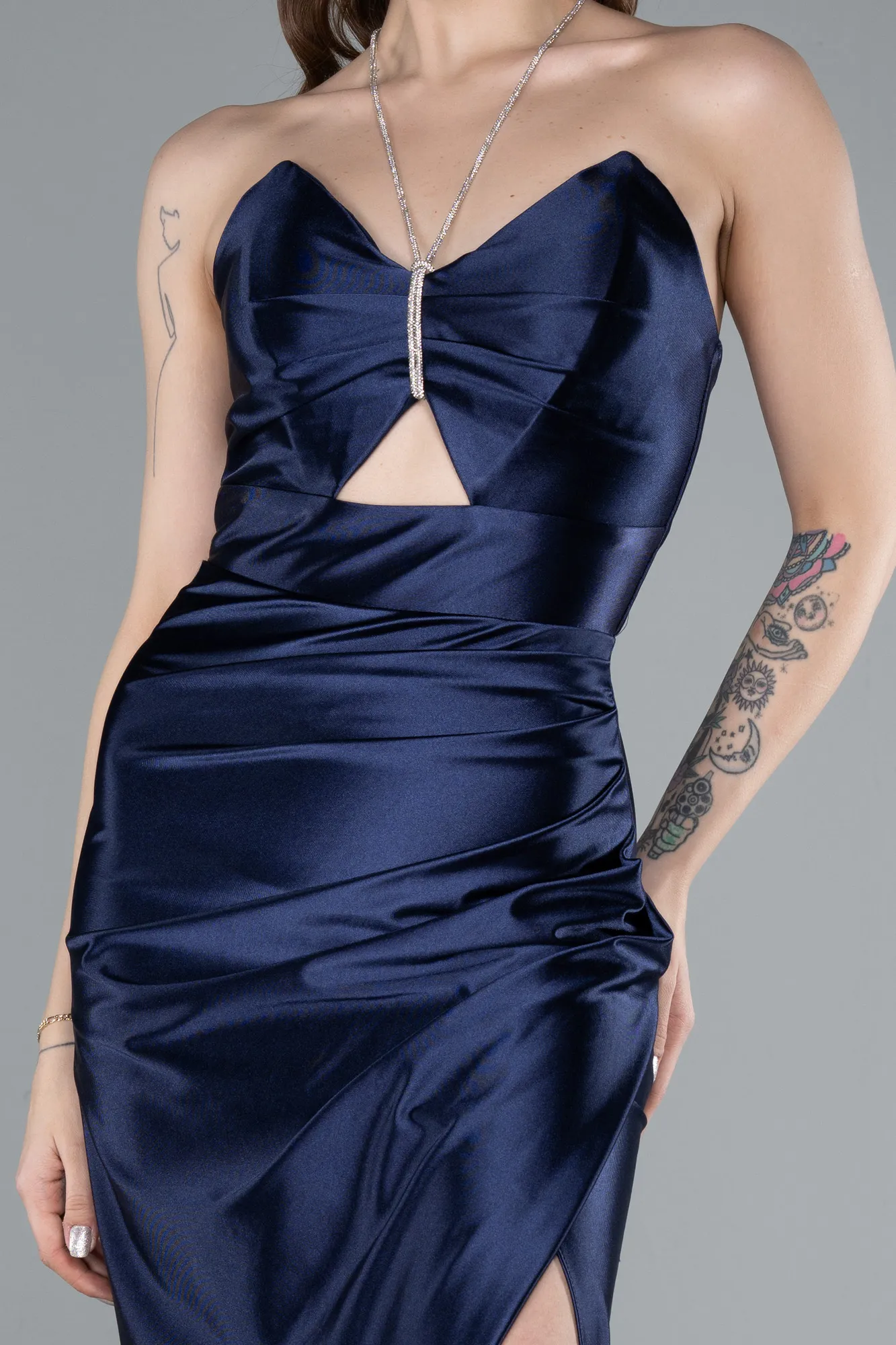 Navy Blue-Slit Satin Long Prom Dress ABU4884