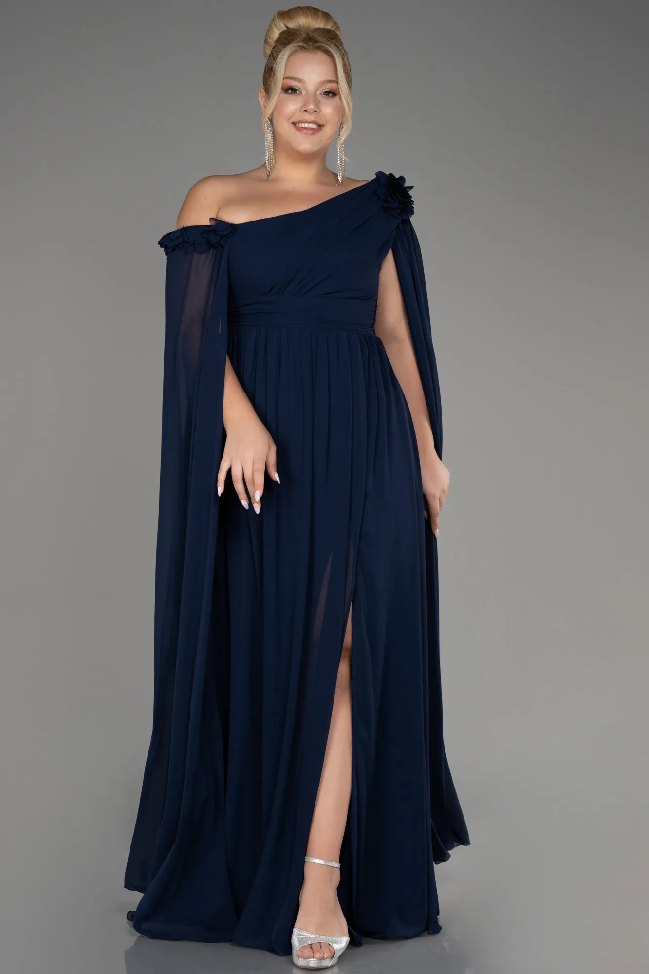 Navy Blue-Slit Shawl Long Chiffon Plus Size Evening Dress ABU4002